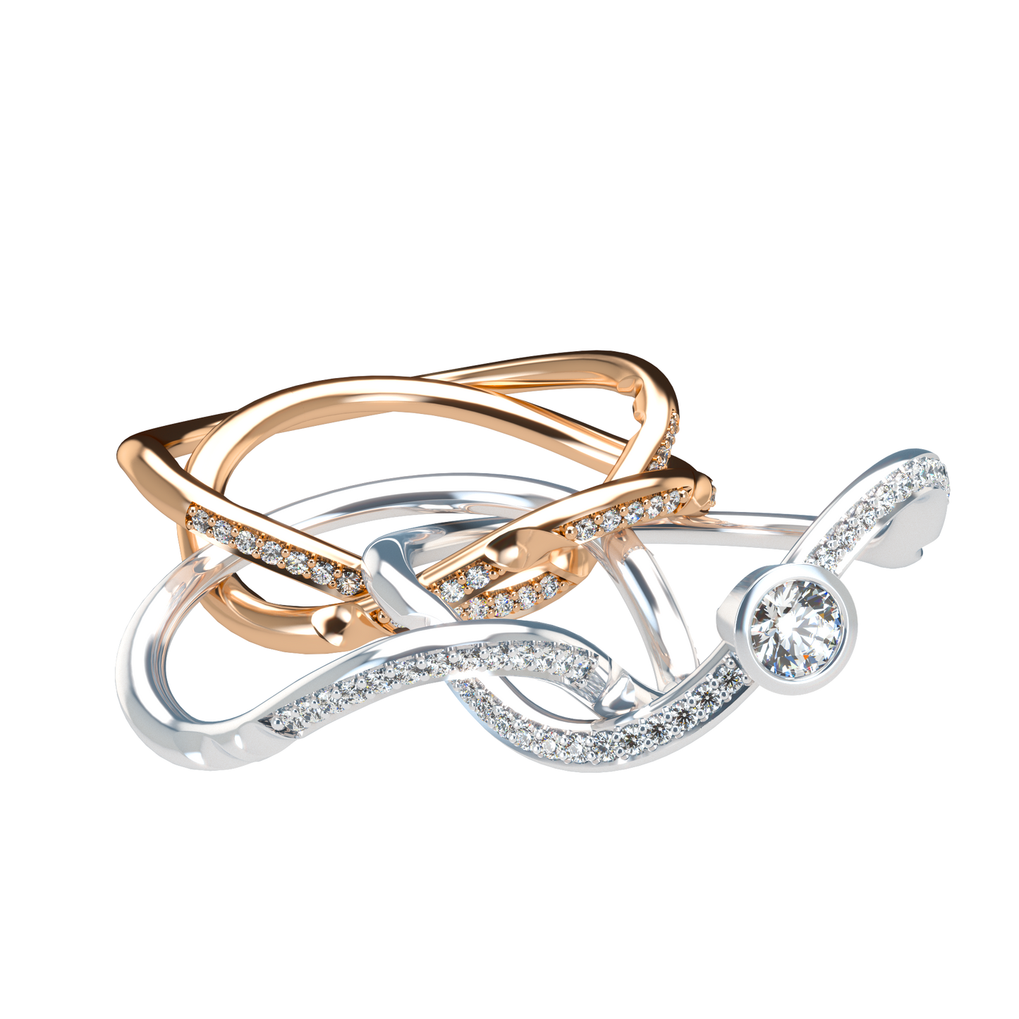 Puzzle ring with diamond pavé and round diamond bezel - ™ Joaillerie VCL