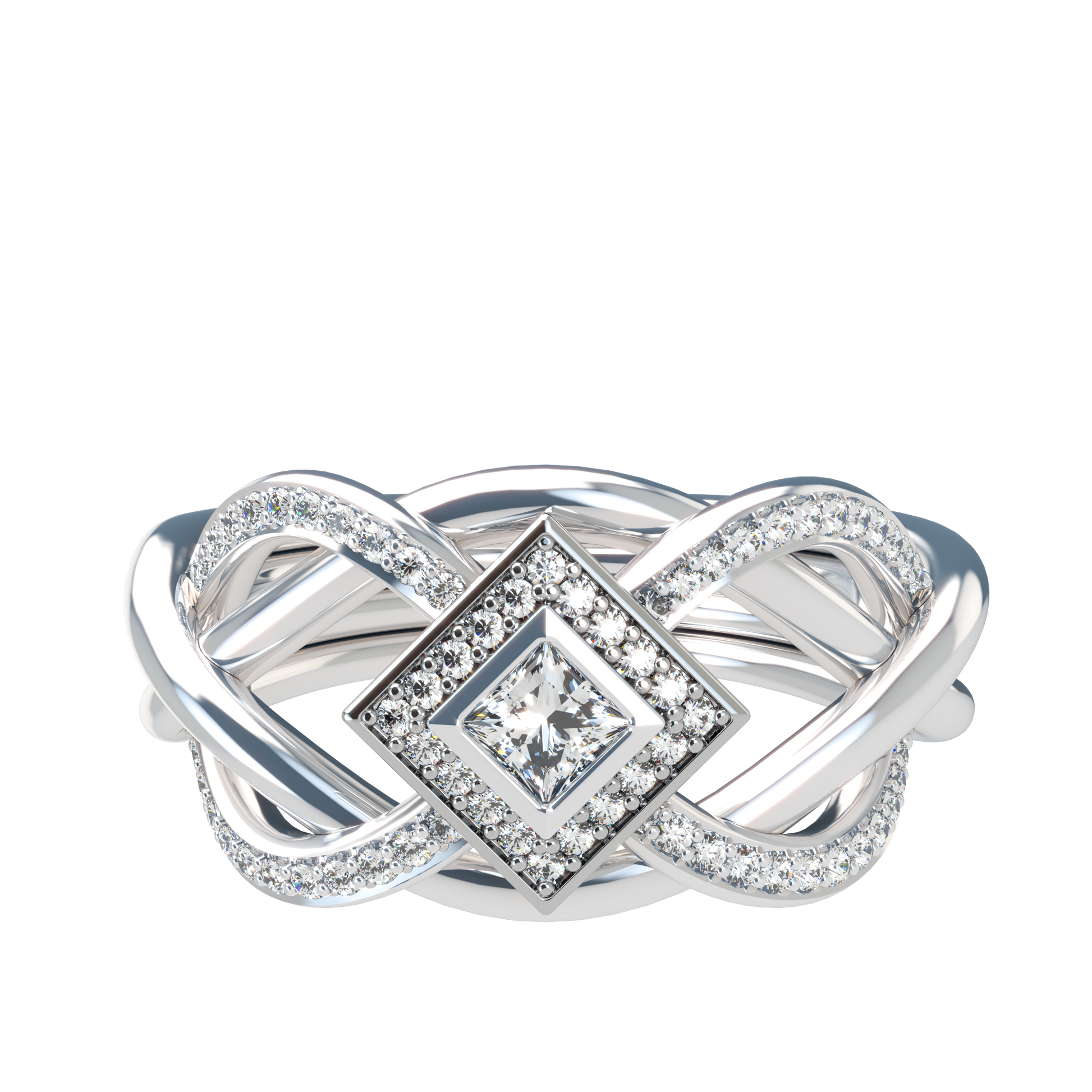 Puzzle ring with half diamond pavé and princess cut diamond halo setting - ™ Joaillerie VCL