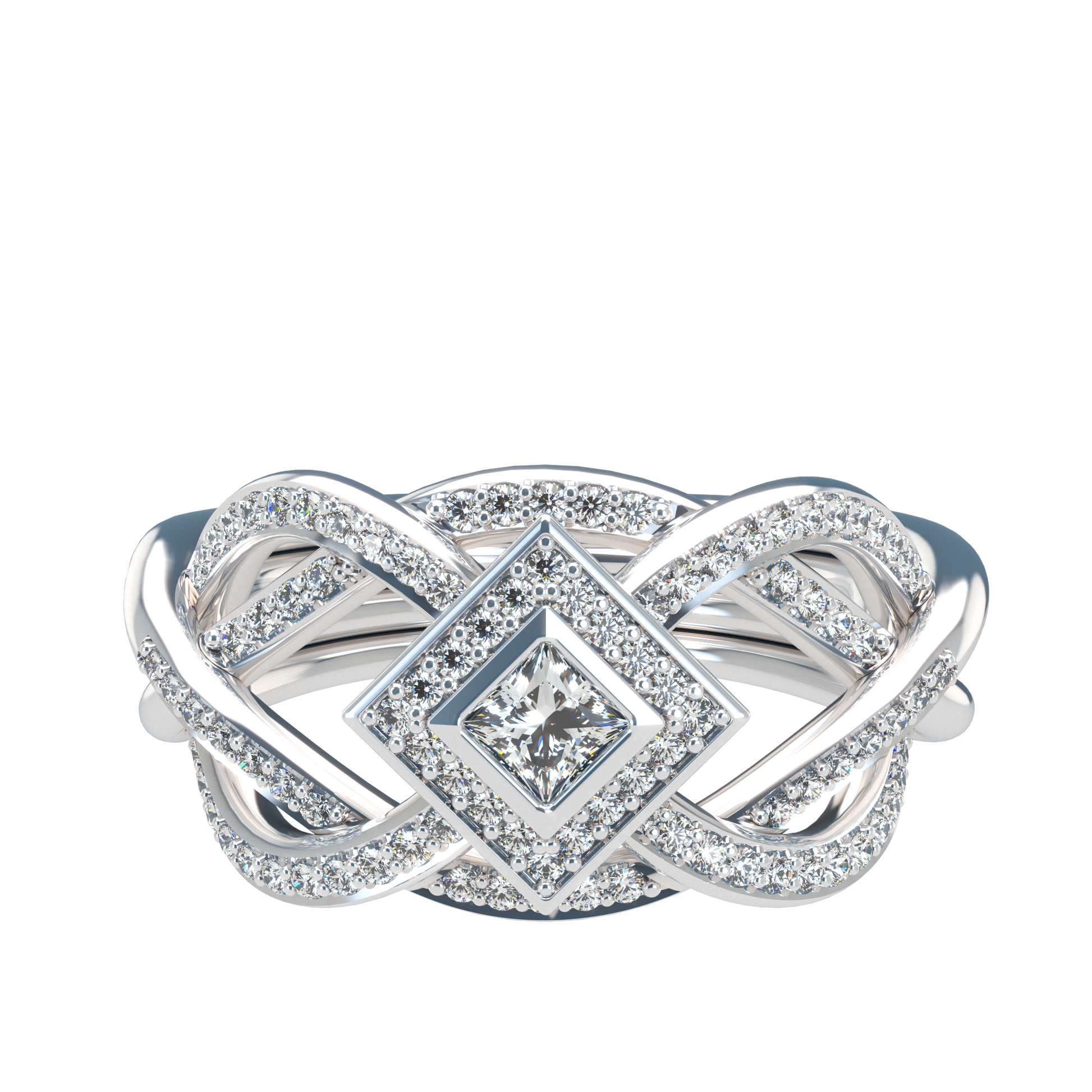 Puzzle ring with diamond pavé and Halo Princess cut diamond - ™ Joaillerie VCL