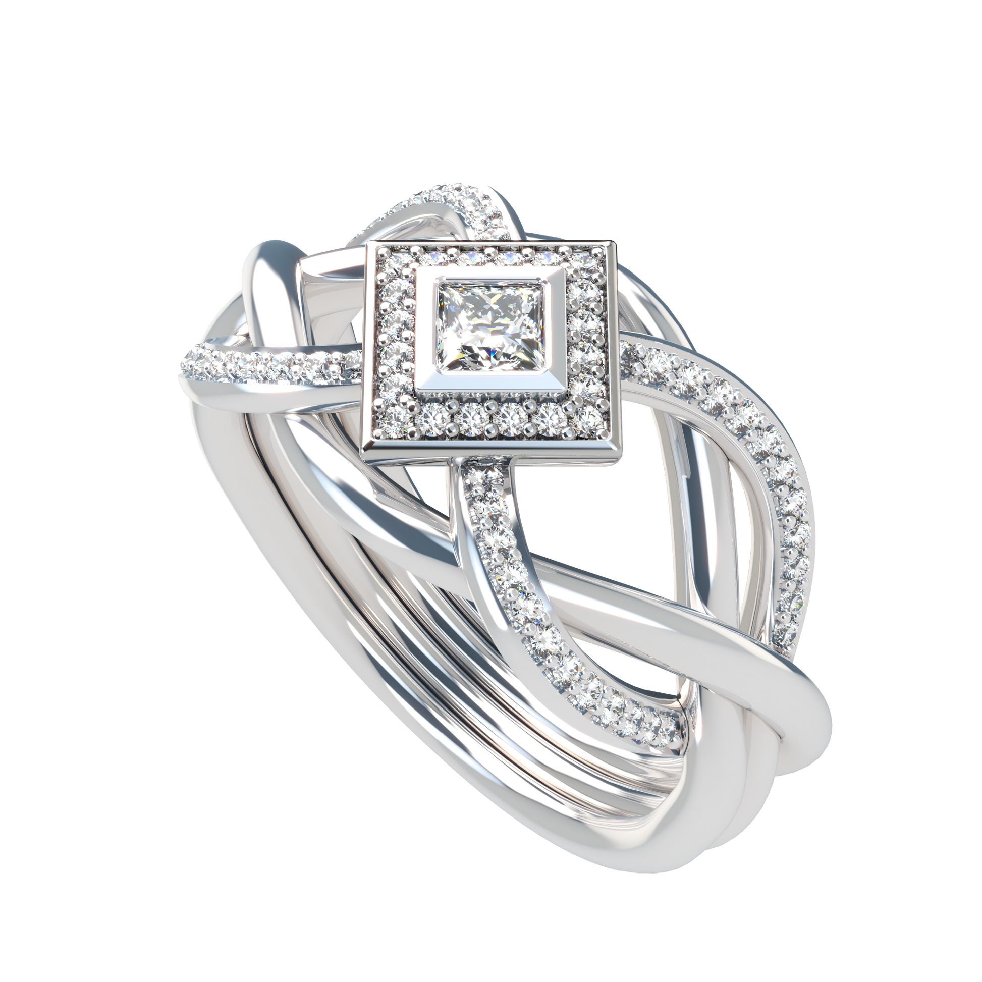 Puzzle ring with half diamond pavé and princess cut diamond halo setting - ™ Joaillerie VCL