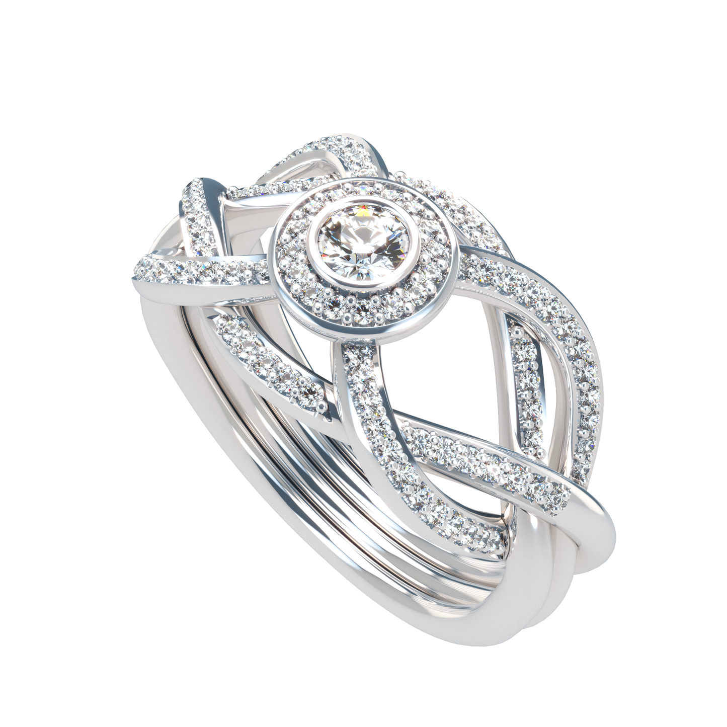 Puzzle ring with full diamond pavé with diamond halo - ™ Joaillerie VCL