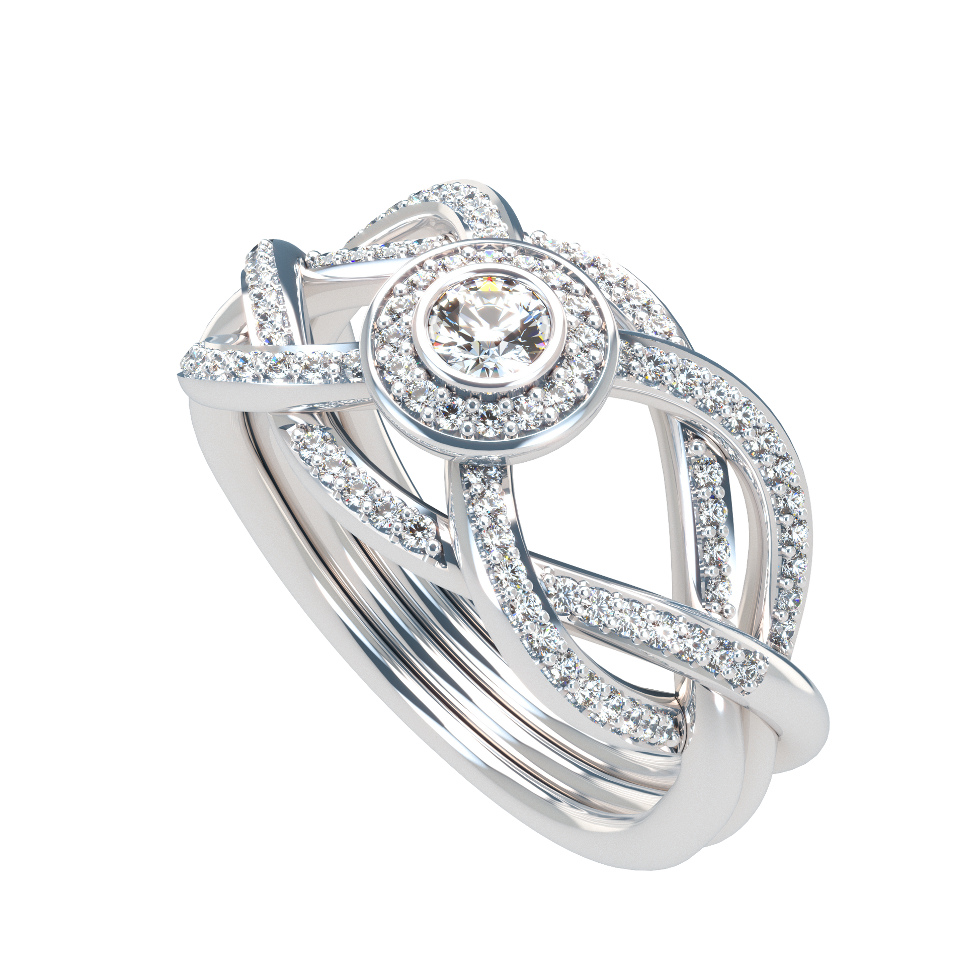 Puzzle ring with full diamond pavé with diamond halo - ™ Joaillerie VCL
