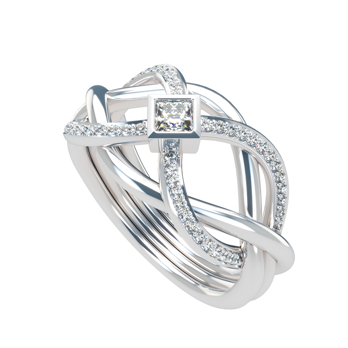 Puzzle ring with Half diamond Pavé and Princess cut diamond Bezel - ™ Joaillerie VCL