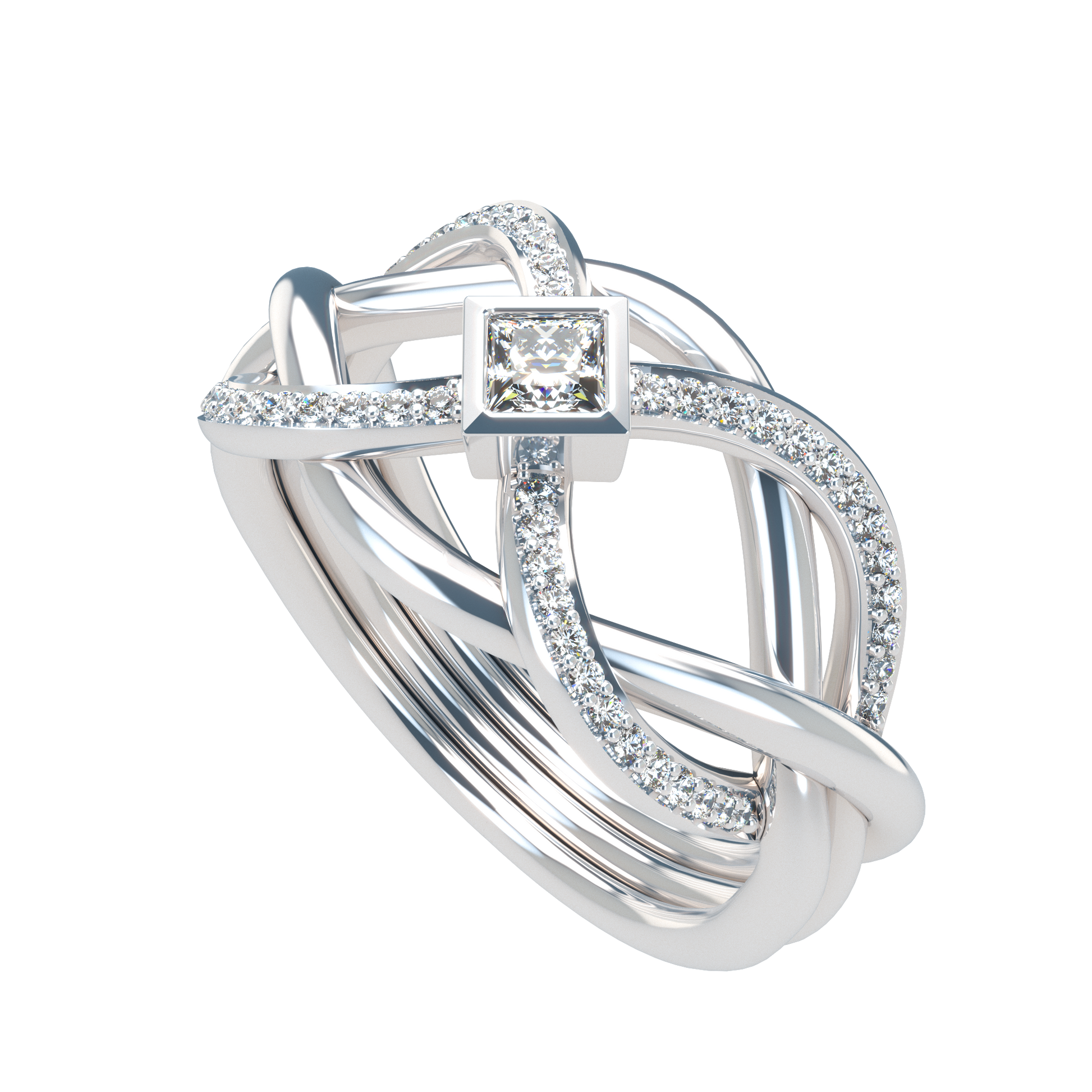 Puzzle ring with Half diamond Pavé and Princess cut diamond Bezel - ™ Joaillerie VCL