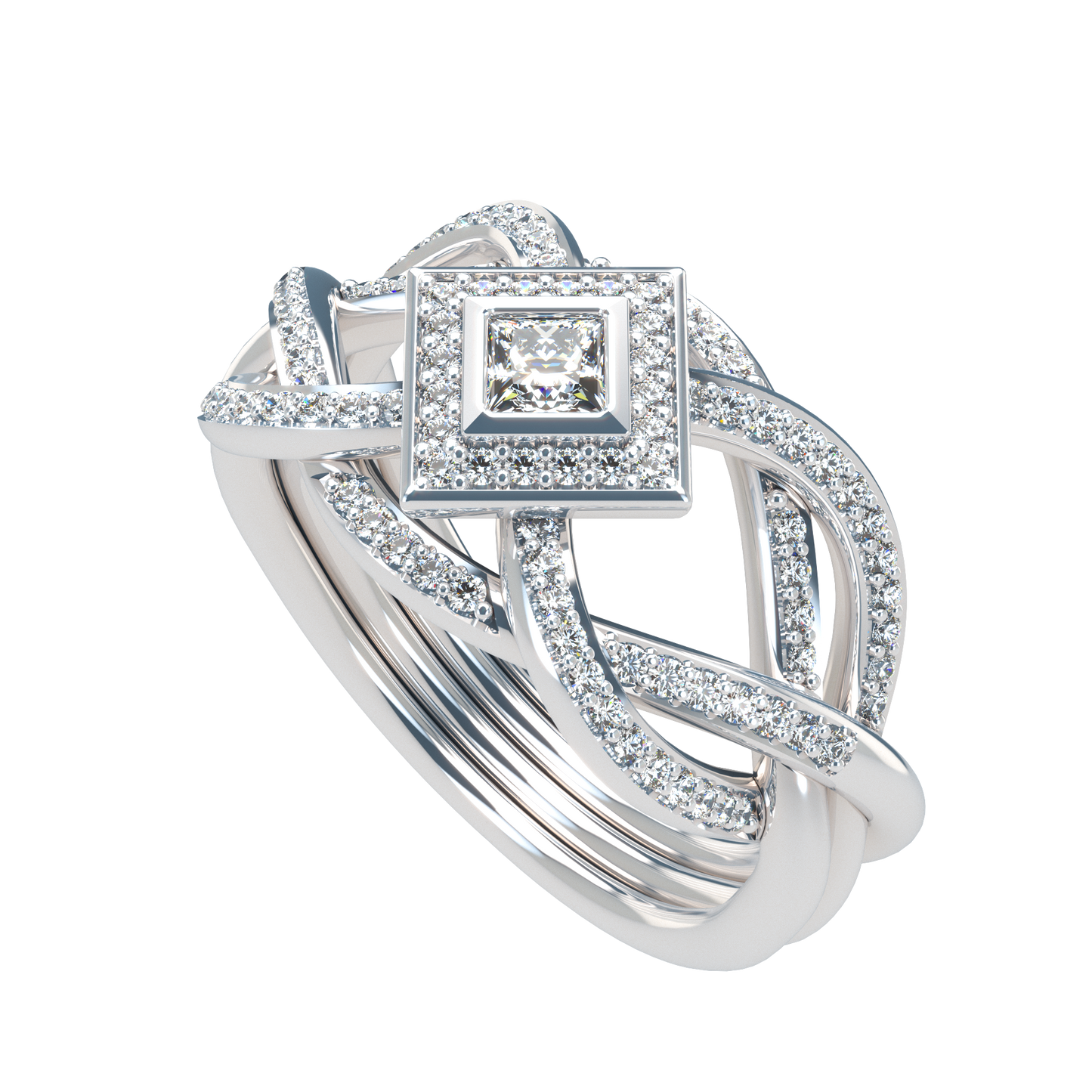 Puzzle ring with diamond pavé and Halo Princess cut diamond - ™ Joaillerie VCL