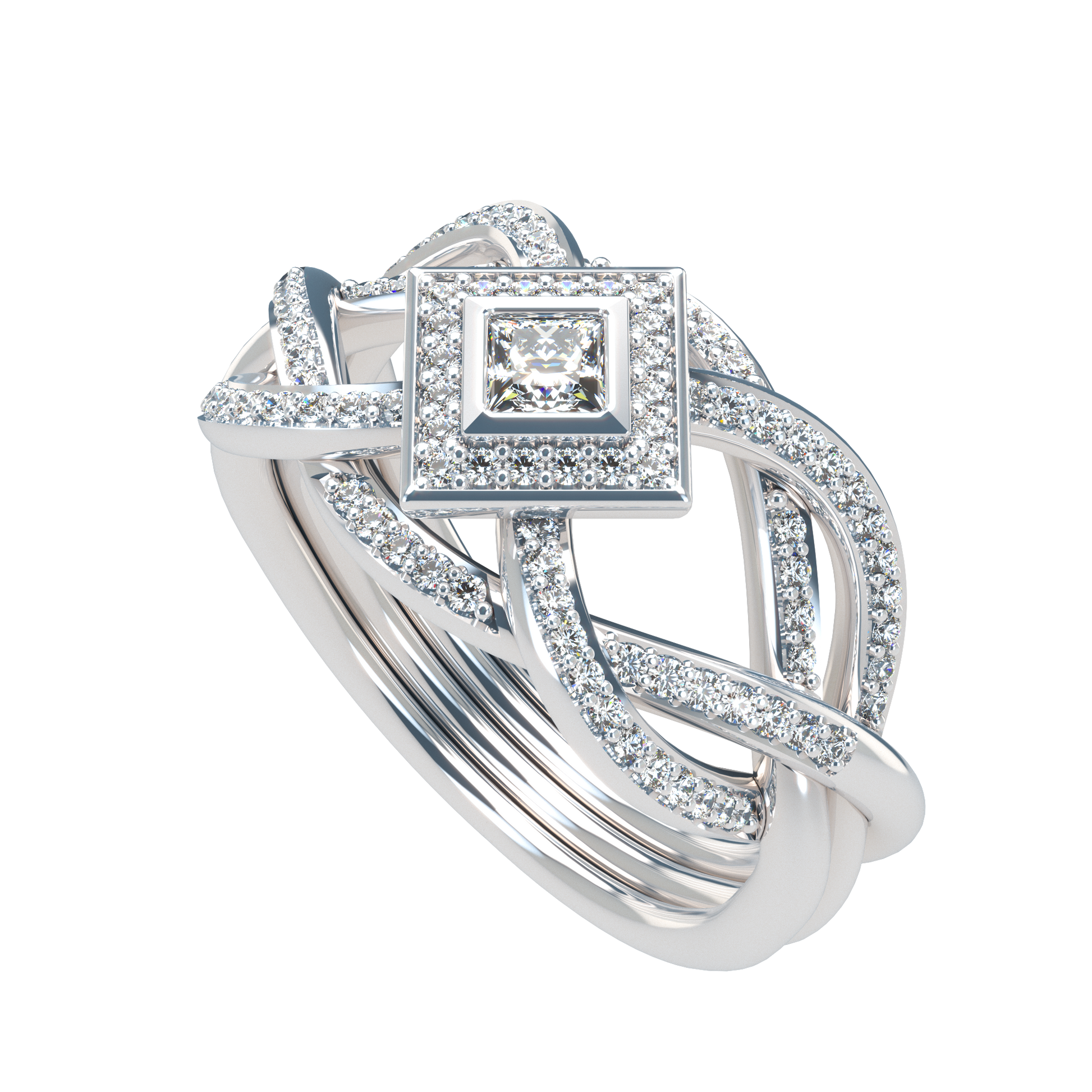 Puzzle ring with diamond pavé and Halo Princess cut diamond - ™ Joaillerie VCL