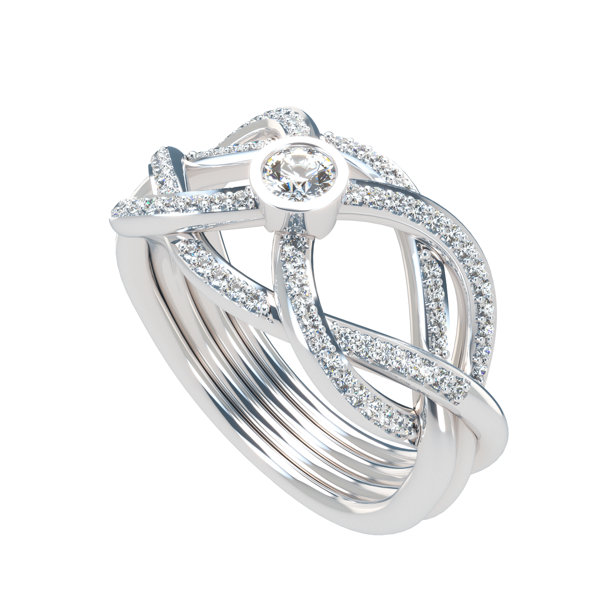 Puzzle ring with diamond pavé and round diamond bezel - ™ Joaillerie VCL