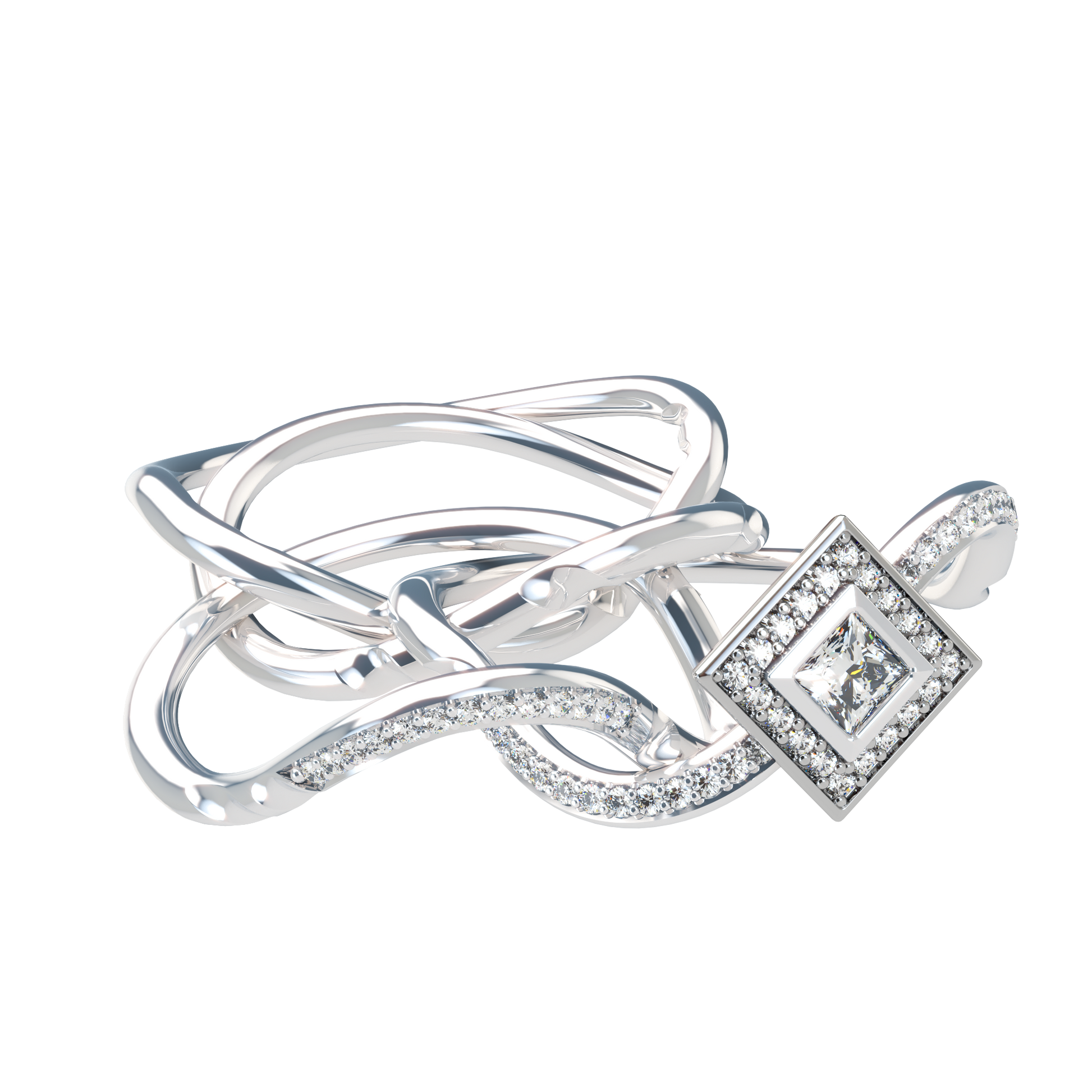 Puzzle ring with half diamond pavé and princess cut diamond halo setting - ™ Joaillerie VCL