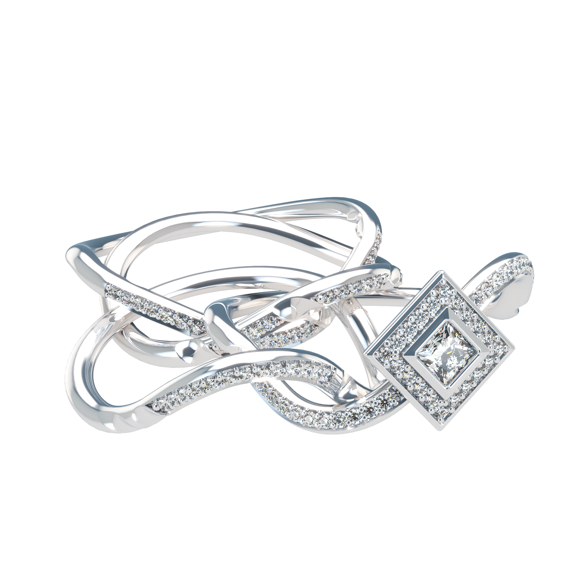 Puzzle ring with diamond pavé and Halo Princess cut diamond - ™ Joaillerie VCL