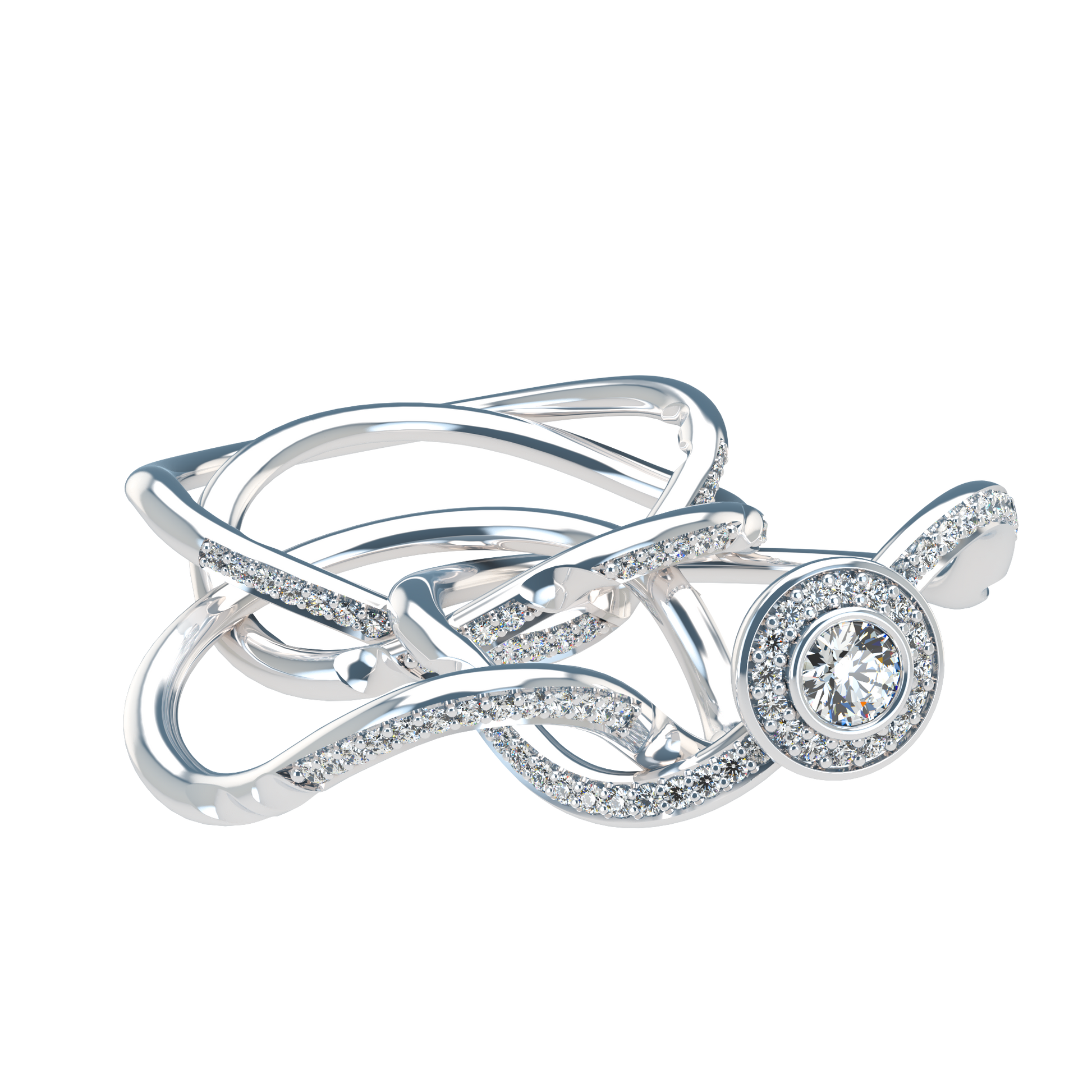Puzzle ring with full diamond pavé with diamond halo - ™ Joaillerie VCL