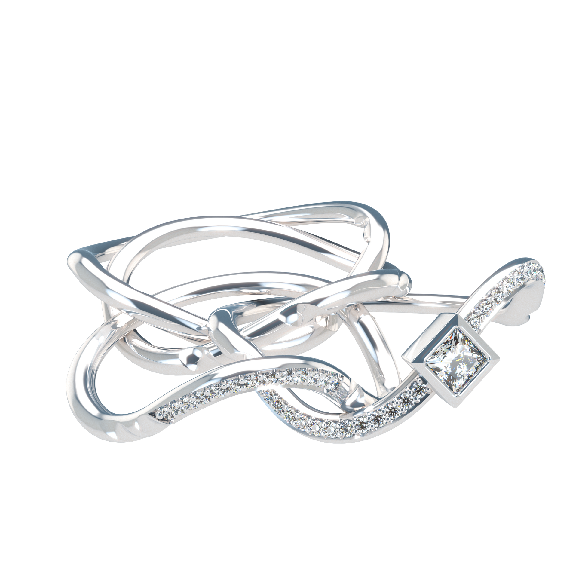 Puzzle ring with Half diamond Pavé and Princess cut diamond Bezel - ™ Joaillerie VCL