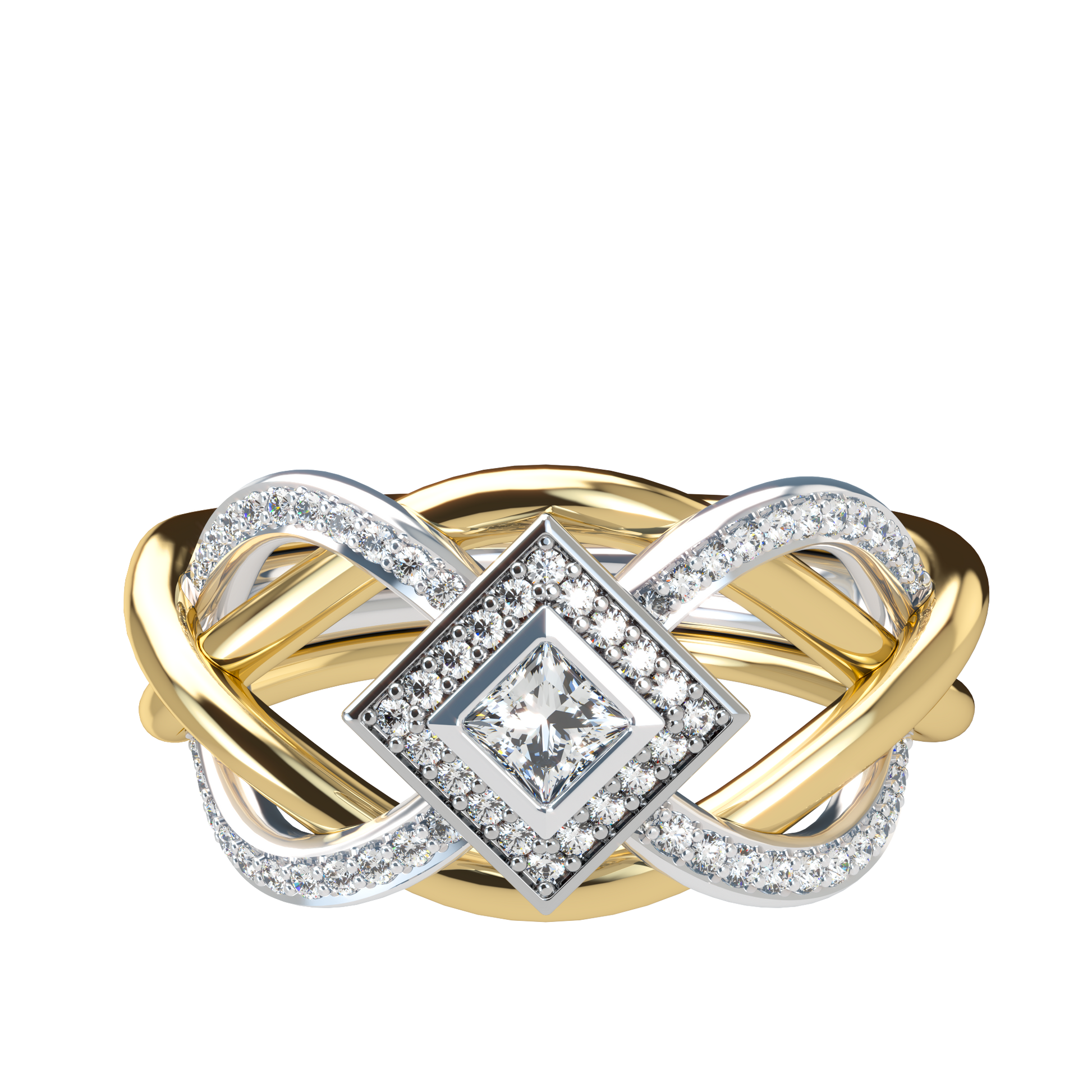 Puzzle ring with half diamond pavé and princess cut diamond halo setting - ™ Joaillerie VCL
