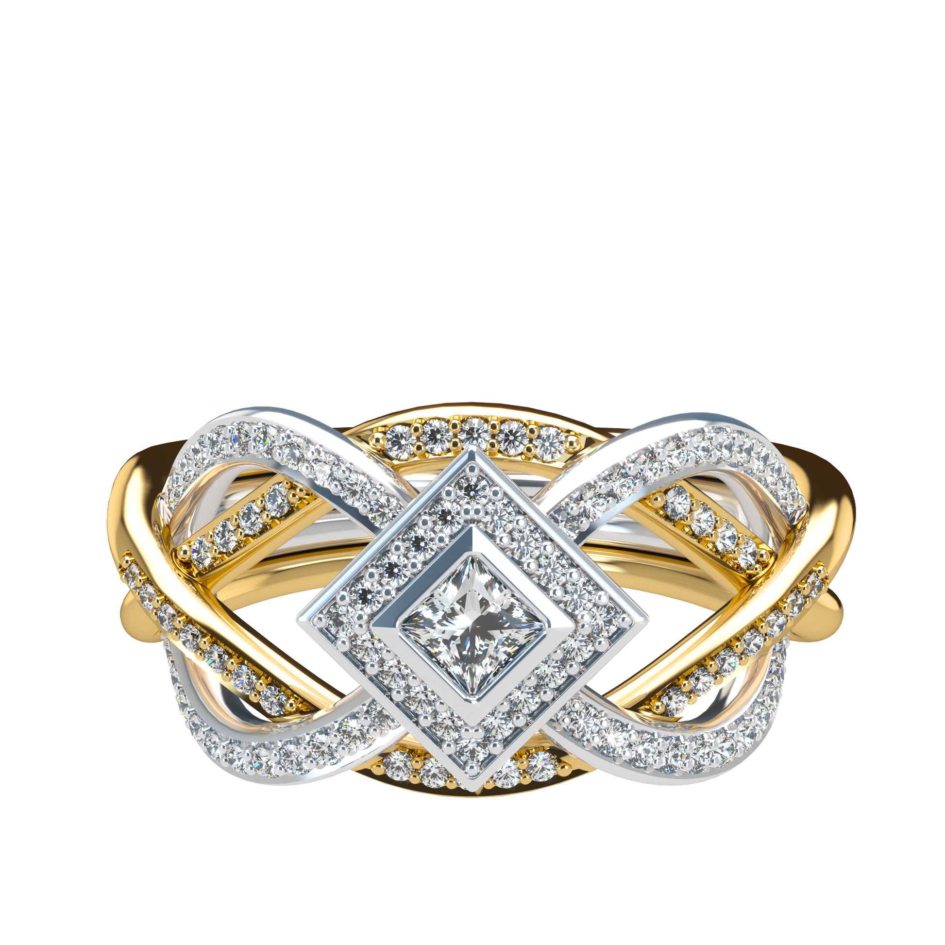 Puzzle ring with diamond pavé and Halo Princess cut diamond - ™ Joaillerie VCL