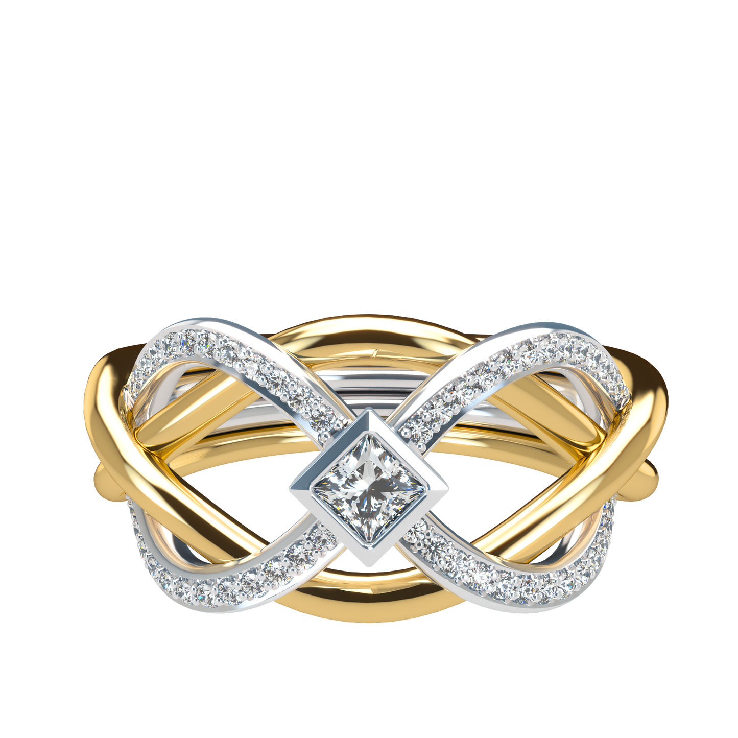 Puzzle ring with Half diamond Pavé and Princess cut diamond Bezel - ™ Joaillerie VCL