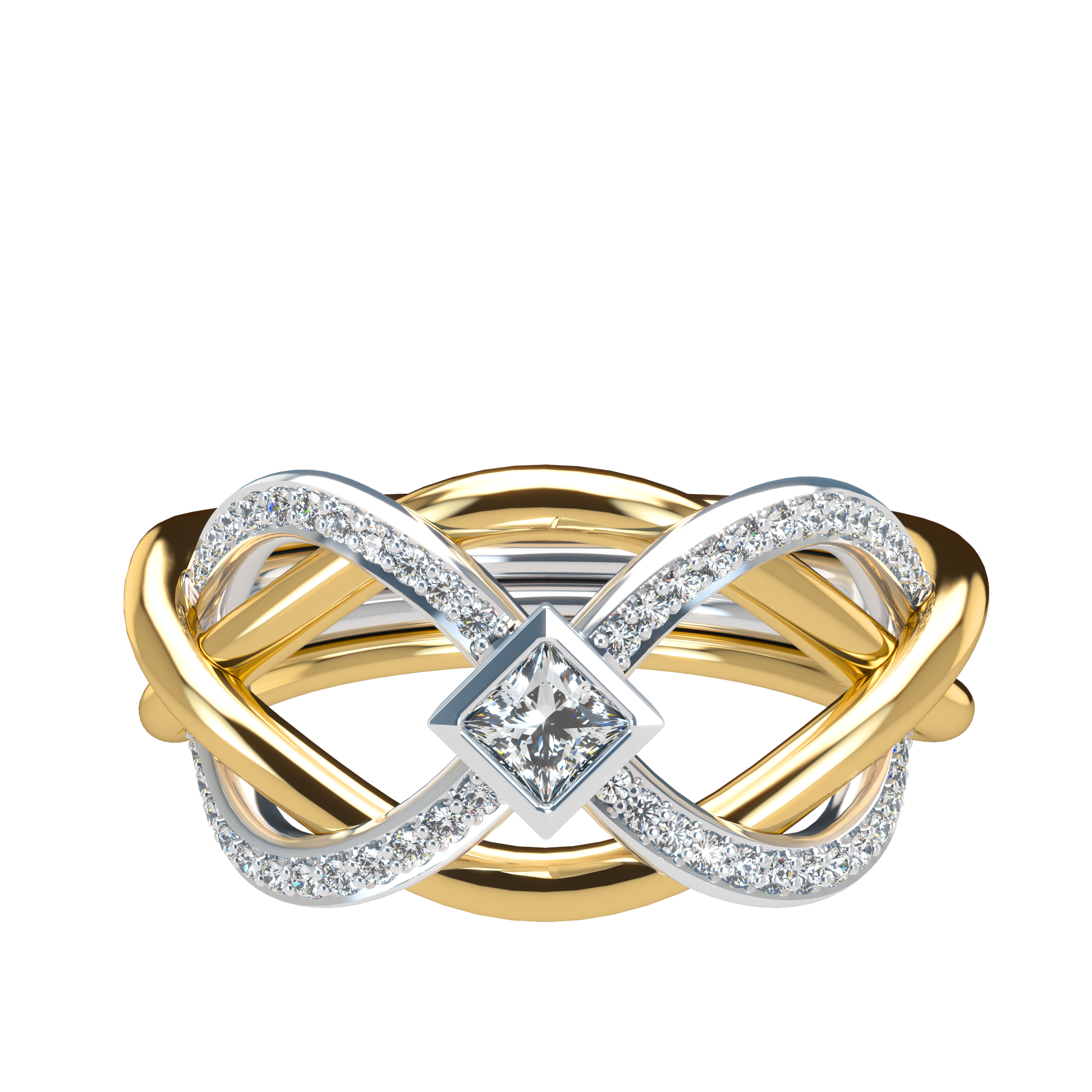 Puzzle ring with Half diamond Pavé and Princess cut diamond Bezel - ™ Joaillerie VCL