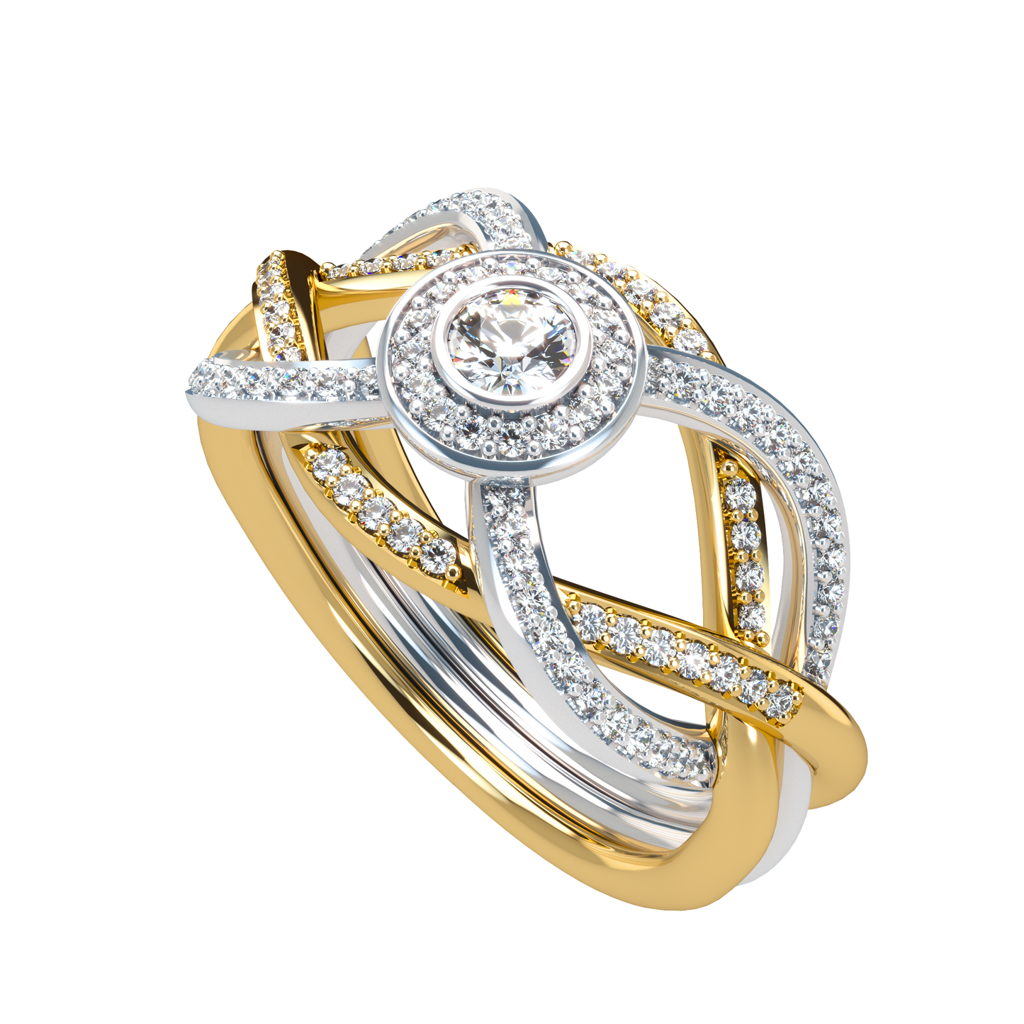 Puzzle ring with full diamond pavé with diamond halo - ™ Joaillerie VCL