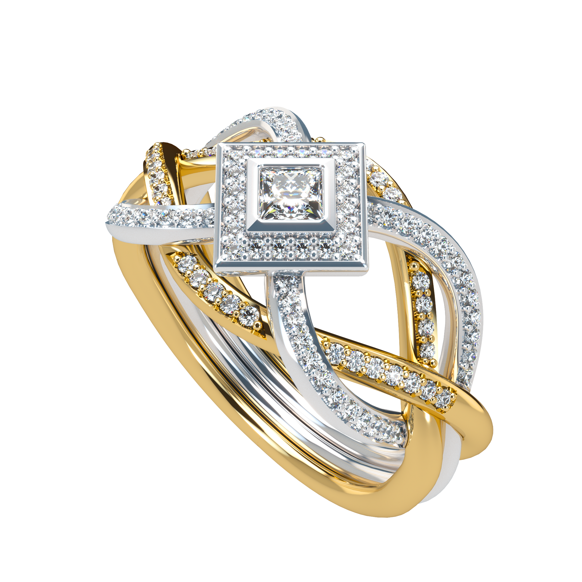 Puzzle ring with diamond pavé and Halo Princess cut diamond - ™ Joaillerie VCL