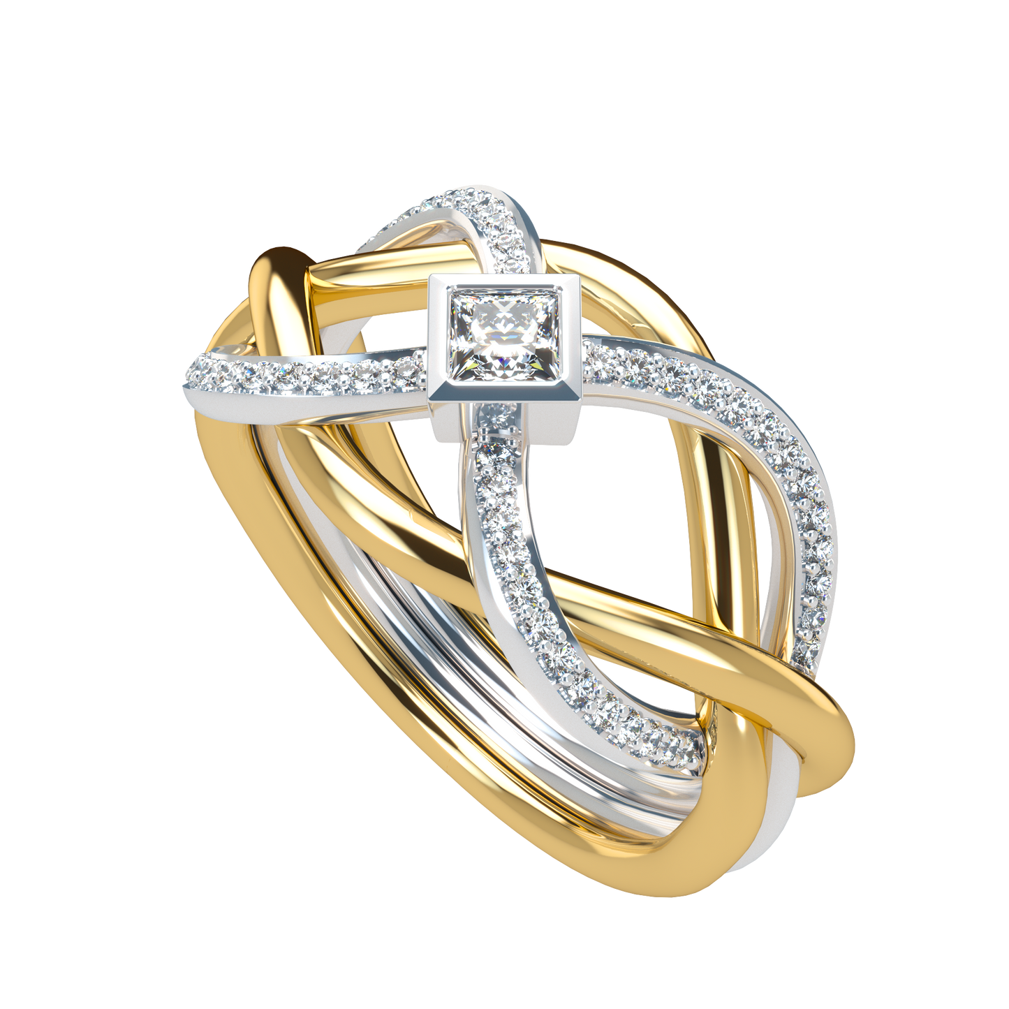 Puzzle ring with Half diamond Pavé and Princess cut diamond Bezel - ™ Joaillerie VCL