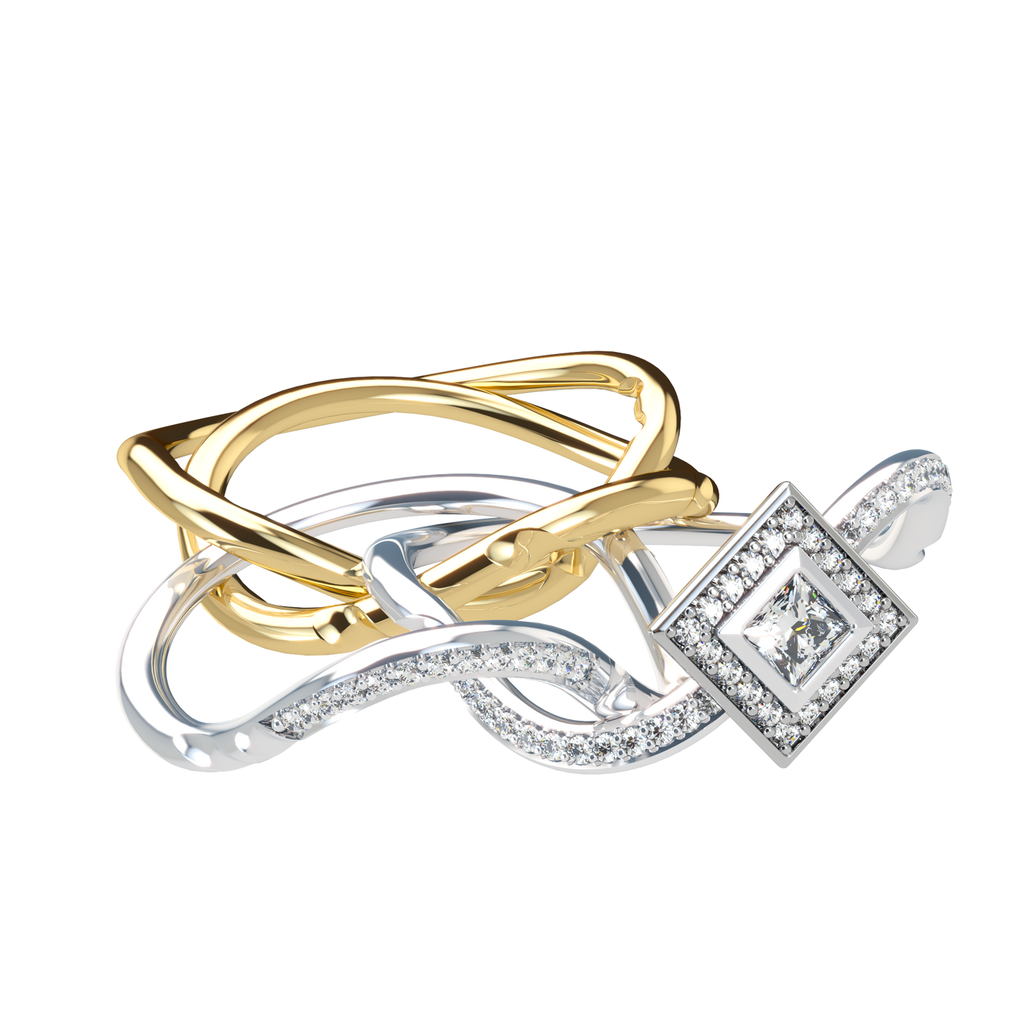Puzzle ring with half diamond pavé and princess cut diamond halo setting - ™ Joaillerie VCL