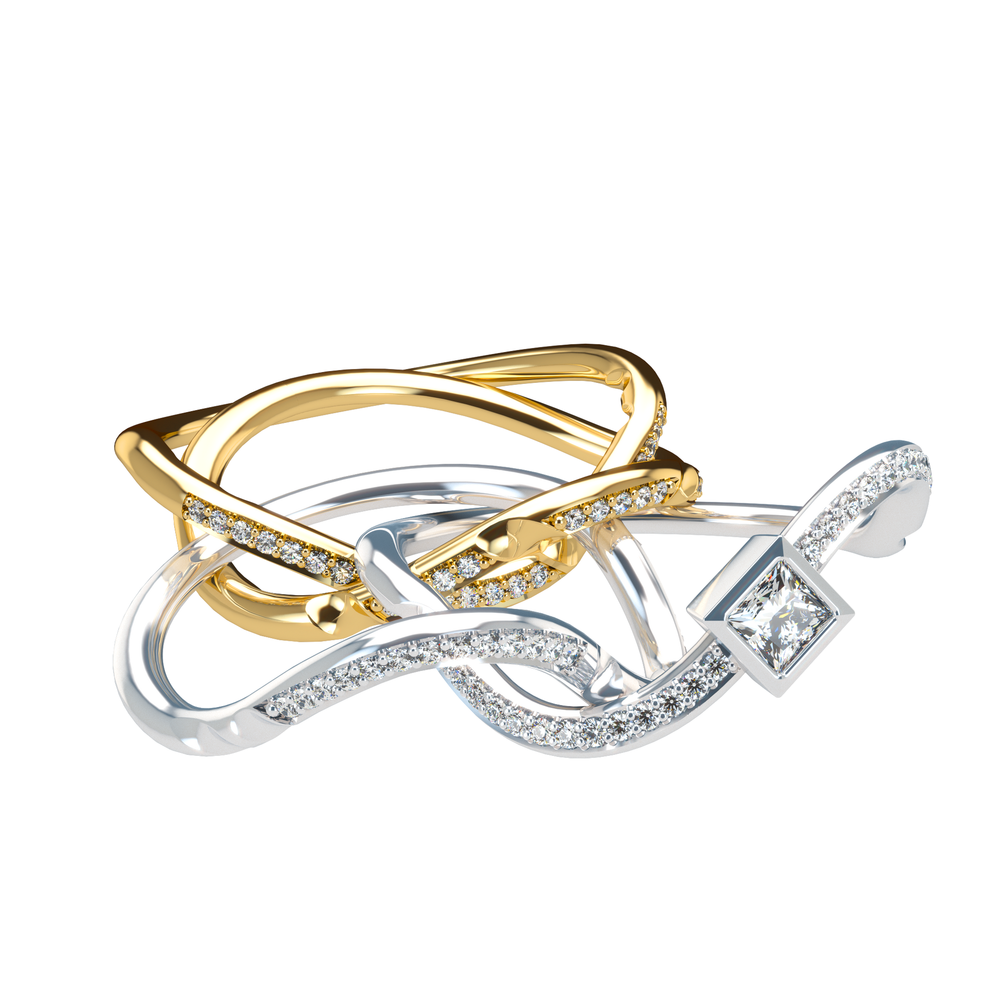 Puzzle ring with Full diamond pavé and princess cut diamond Bezel - ™ Joaillerie VCL