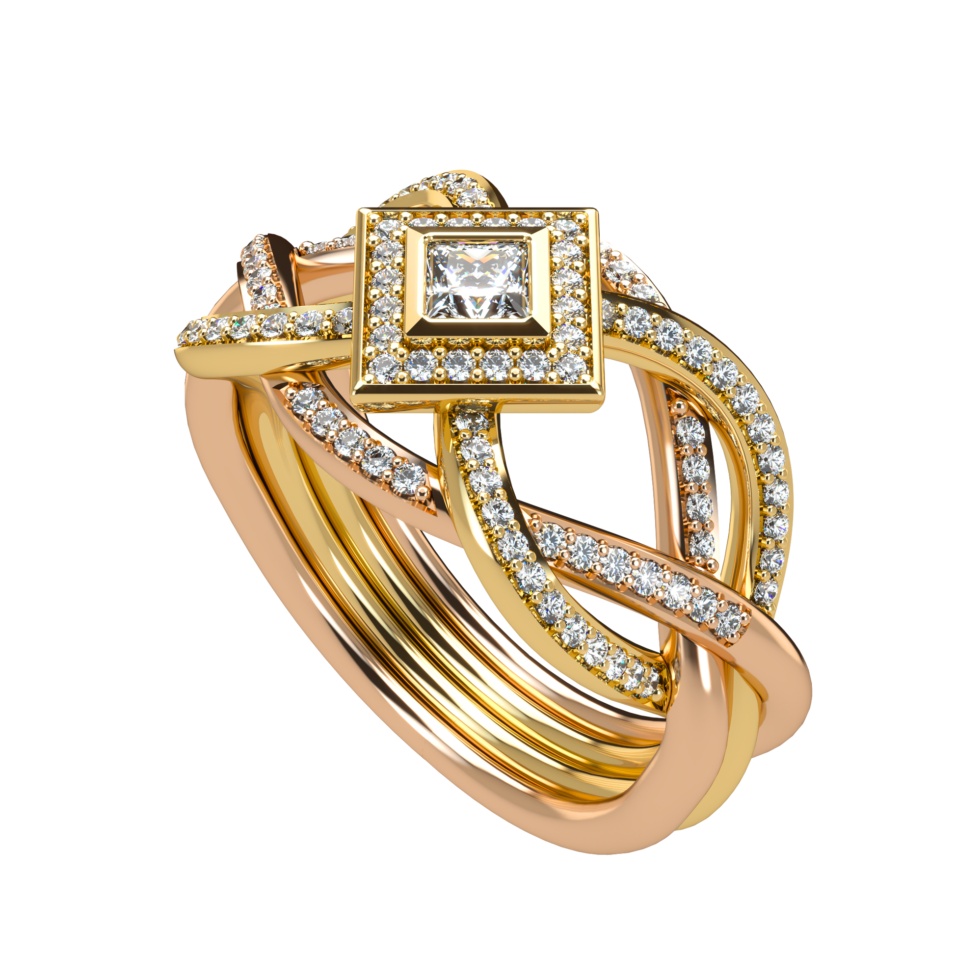Puzzle ring with diamond pavé and Halo Princess cut diamond - ™ Joaillerie VCL