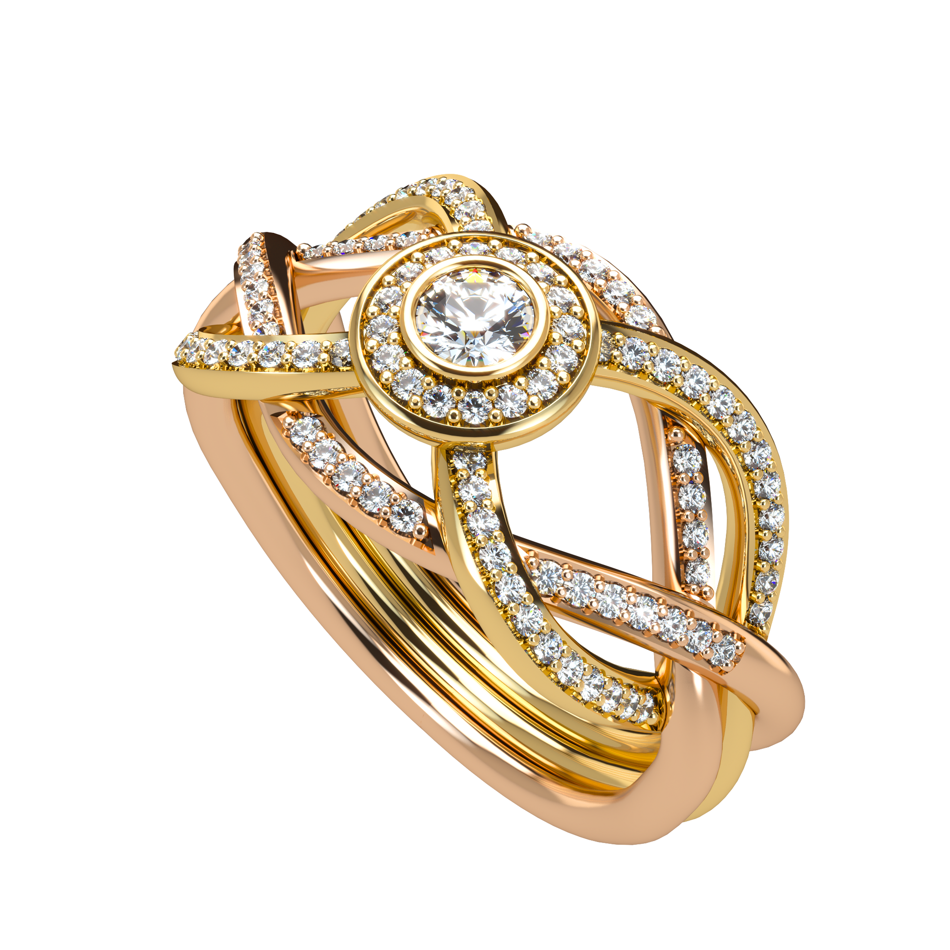 Puzzle ring with full diamond pavé with diamond halo - ™ Joaillerie VCL
