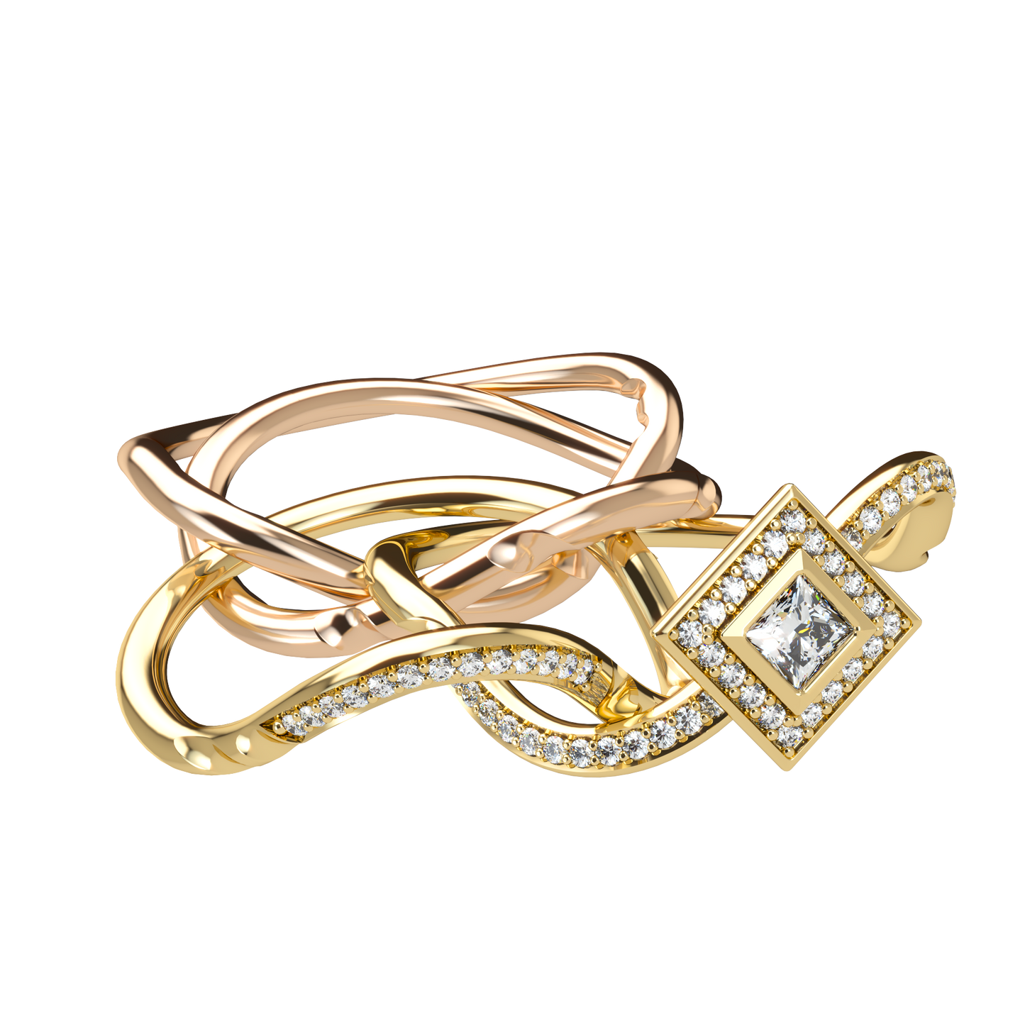 Puzzle ring with half diamond pavé and princess cut diamond halo setting - ™ Joaillerie VCL