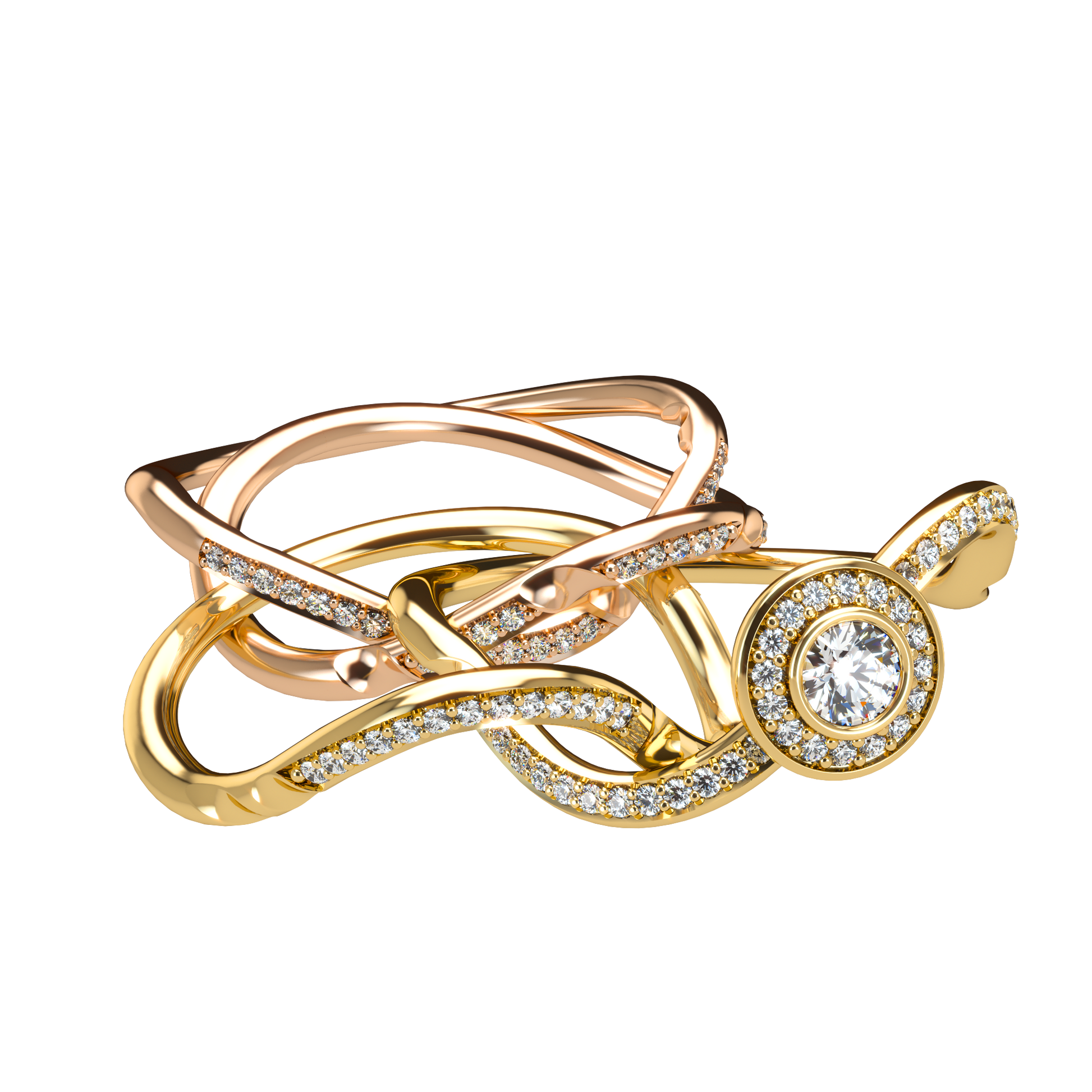Puzzle ring with full diamond pavé with diamond halo - ™ Joaillerie VCL