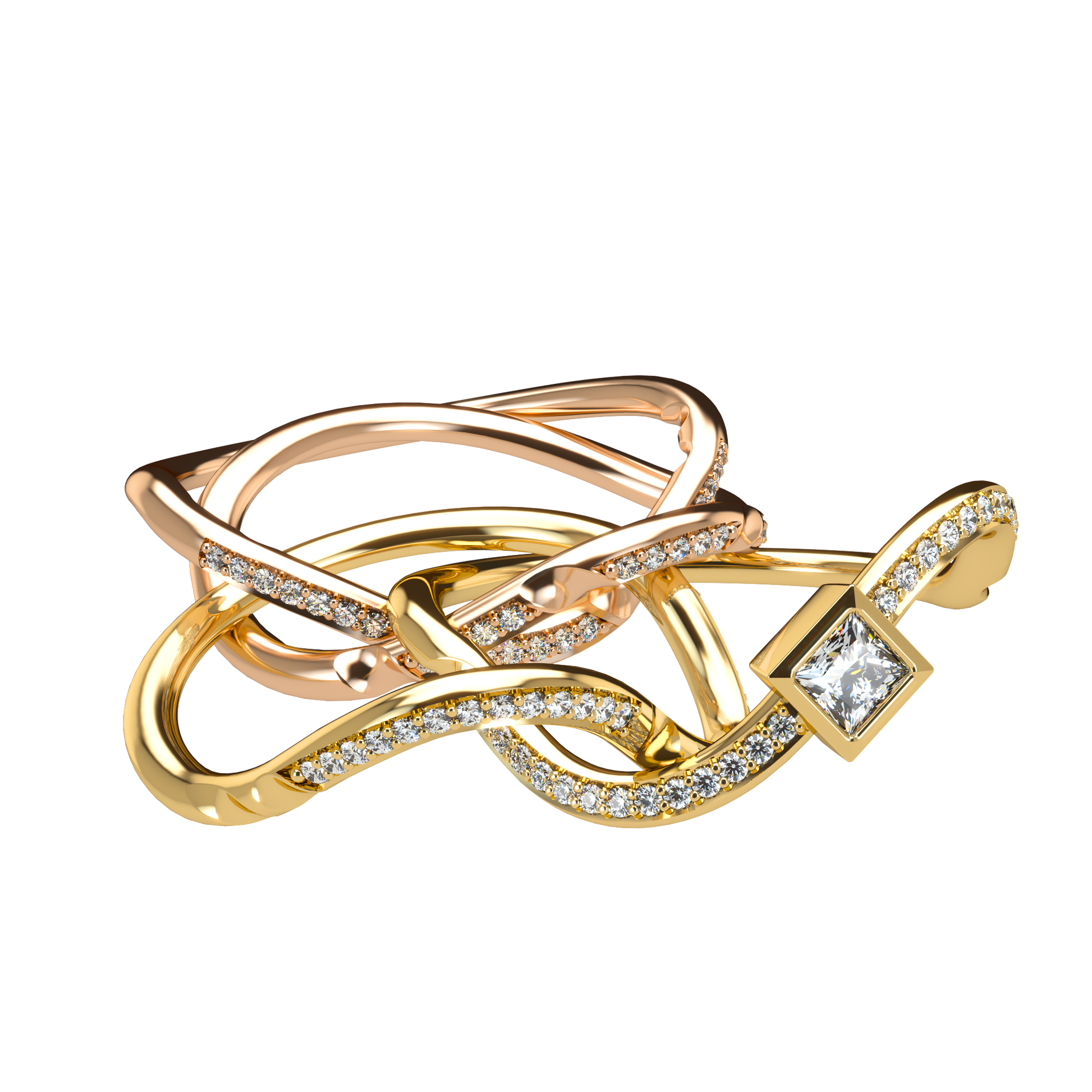 Puzzle ring with Full diamond pavé and princess cut diamond Bezel - ™ Joaillerie VCL