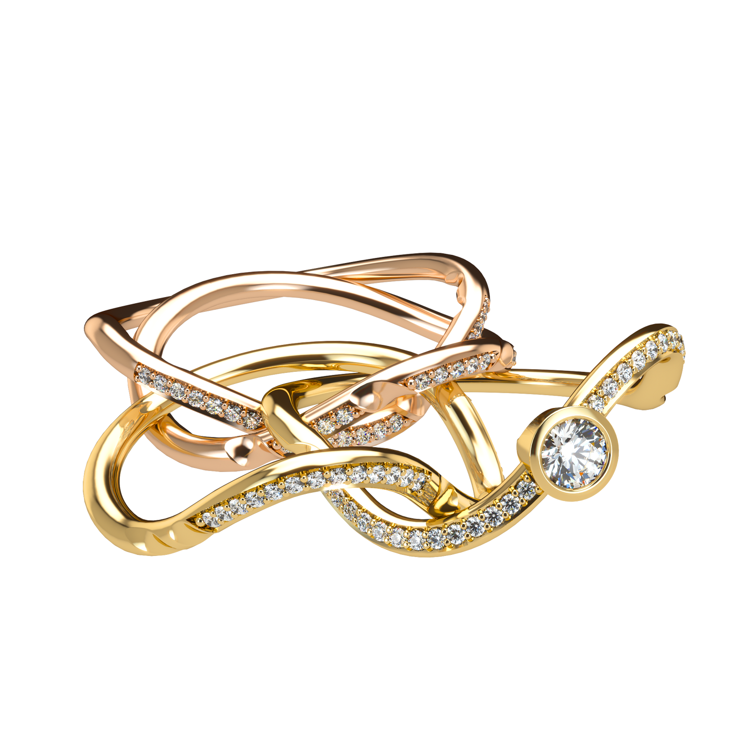 Puzzle ring with diamond pavé and round diamond bezel - ™ Joaillerie VCL