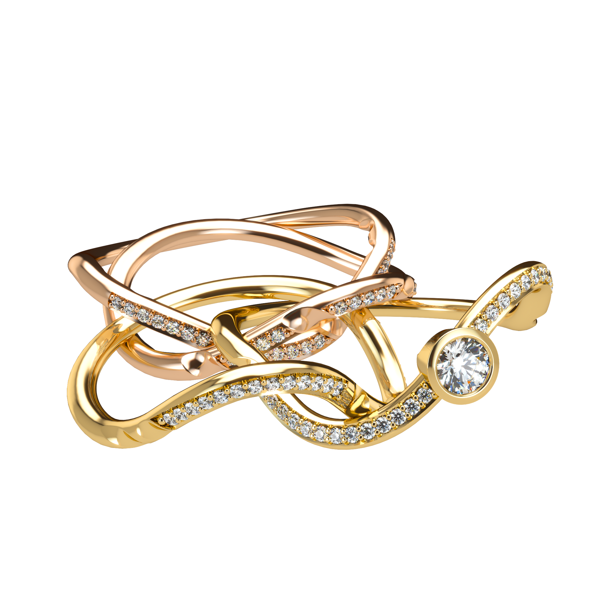 Puzzle ring with diamond pavé and round diamond bezel - ™ Joaillerie VCL