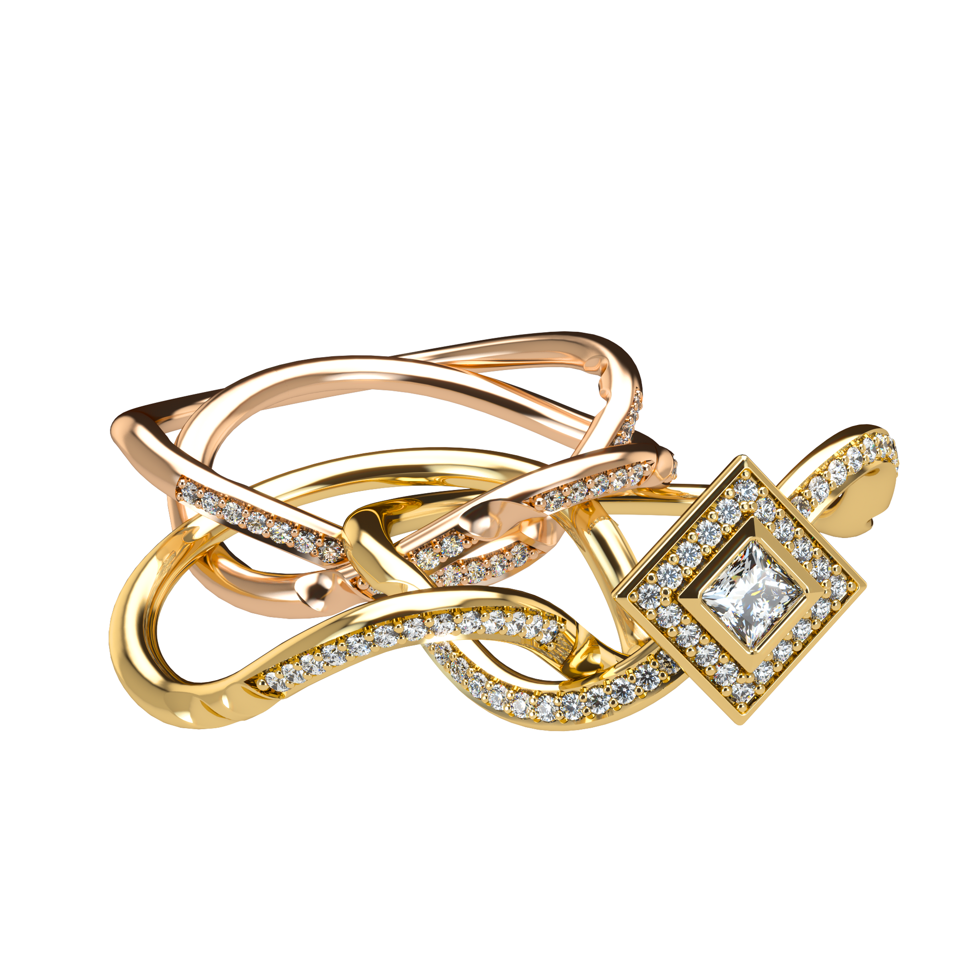 Puzzle ring with diamond pavé and Halo Princess cut diamond - ™ Joaillerie VCL