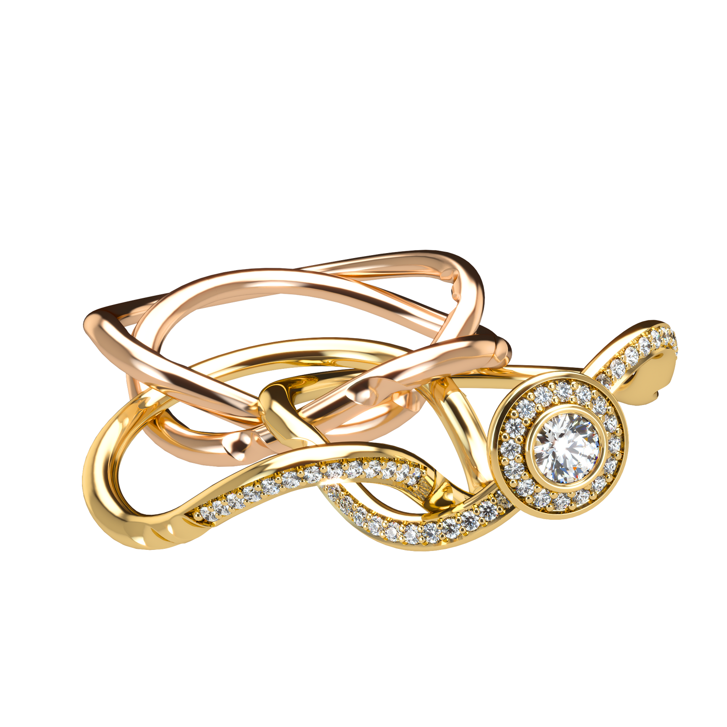 Puzzle ring half diamond pavé halo diamond setting - ™ Joaillerie VCL