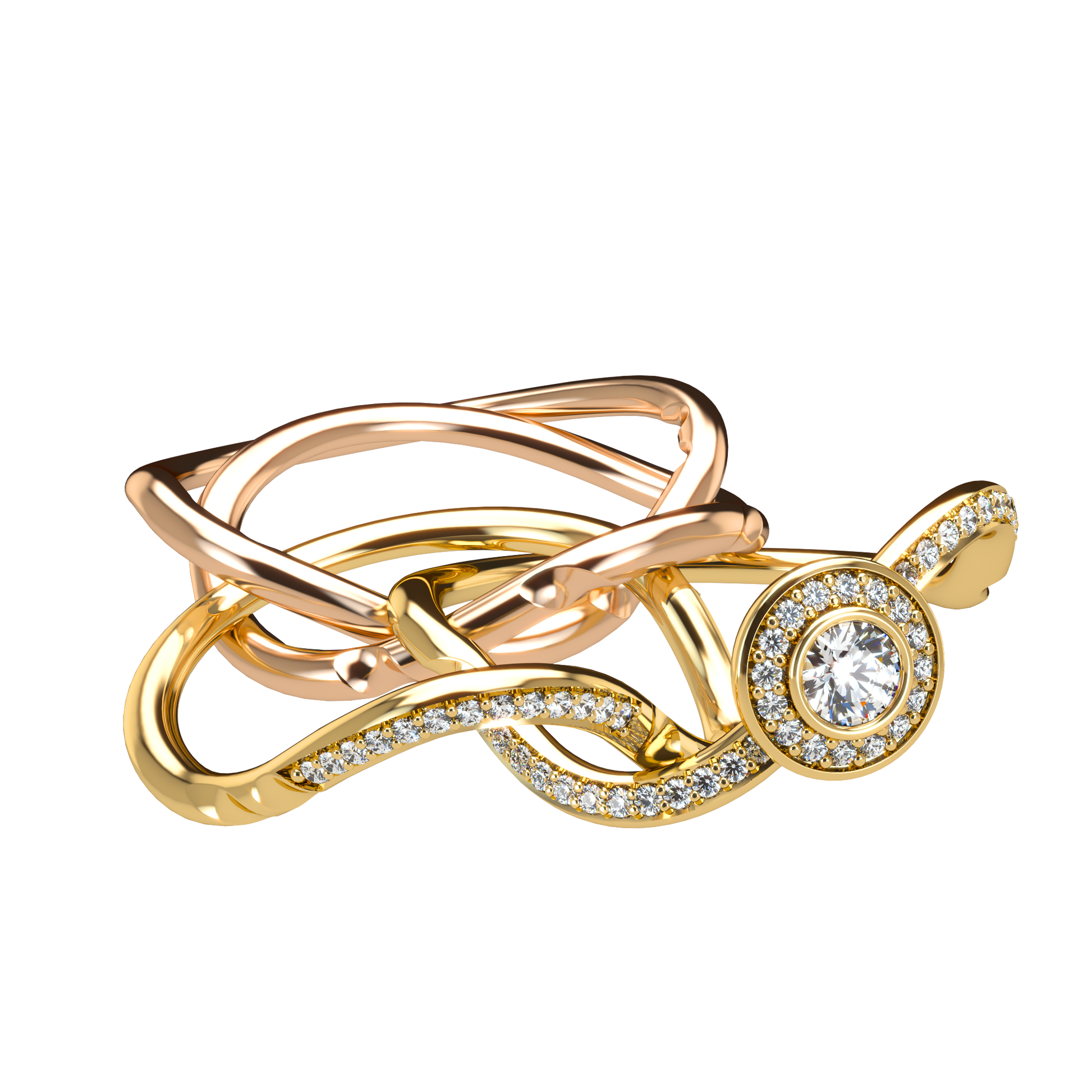 Puzzle ring half diamond pavé halo diamond setting - ™ Joaillerie VCL