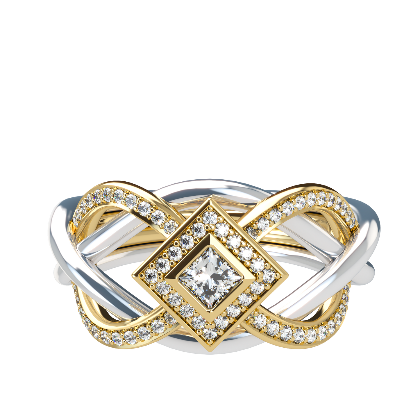 Puzzle ring with half diamond pavé and princess cut diamond halo setting - ™ Joaillerie VCL