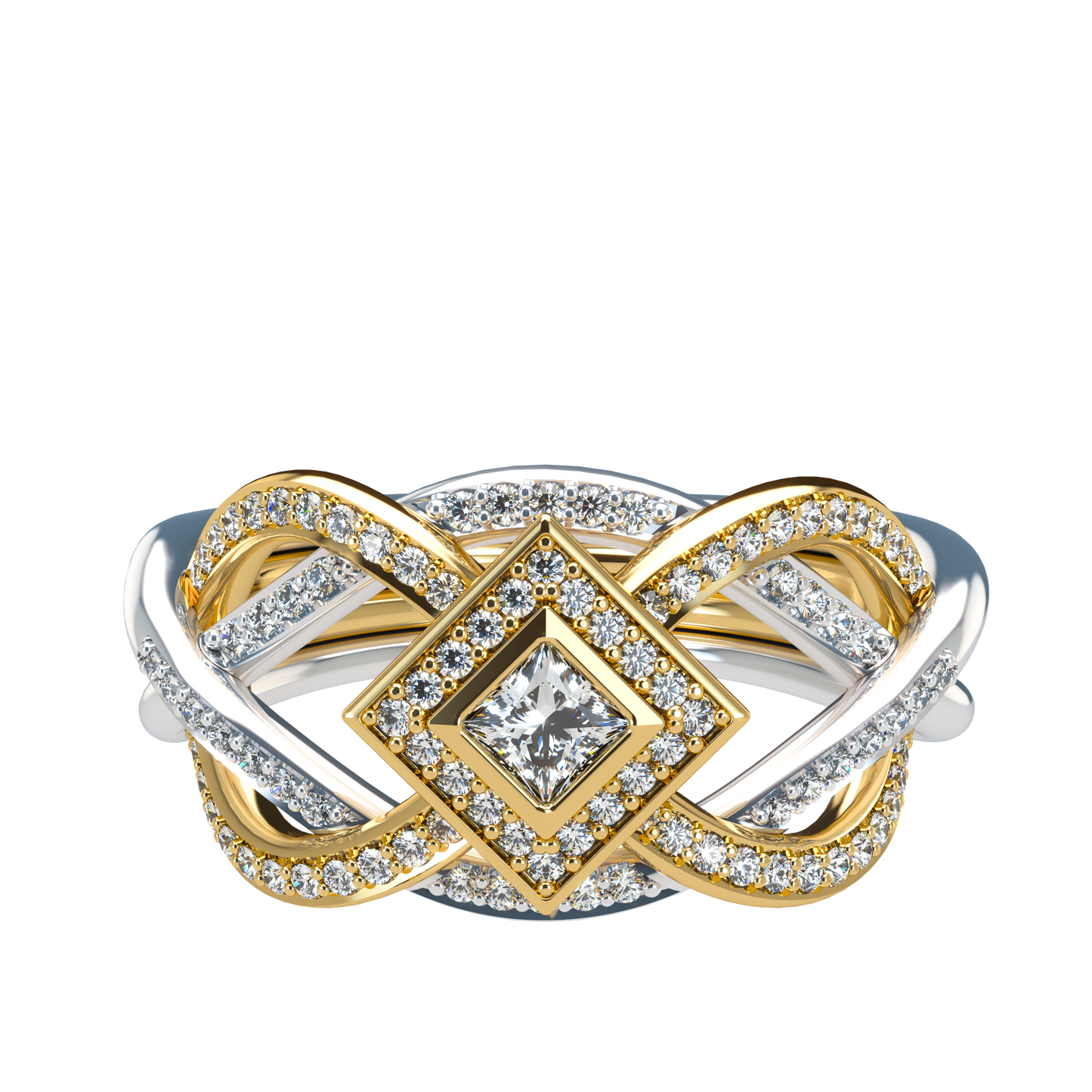 Puzzle ring with diamond pavé and Halo Princess cut diamond - ™ Joaillerie VCL