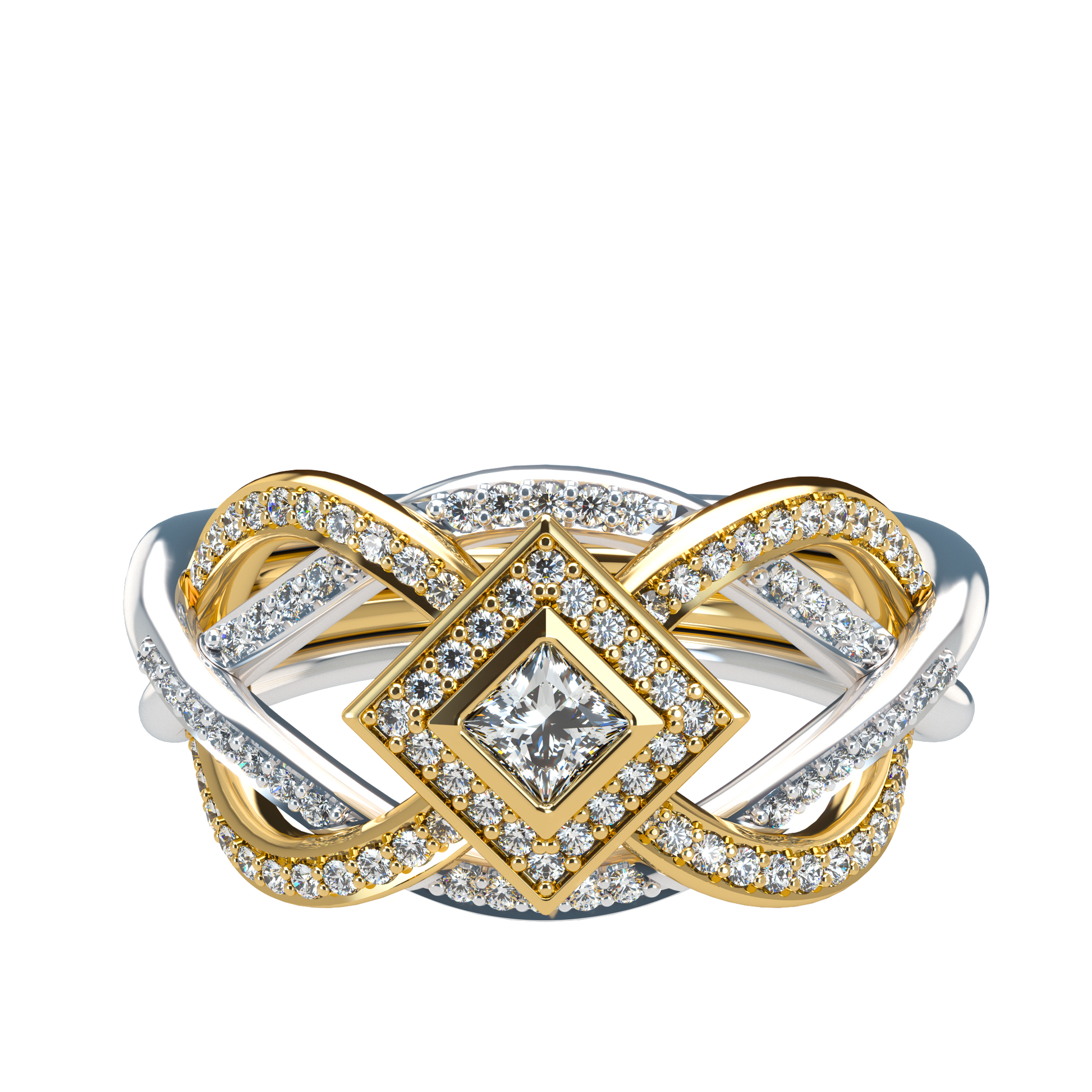 Puzzle ring with diamond pavé and Halo Princess cut diamond - ™ Joaillerie VCL
