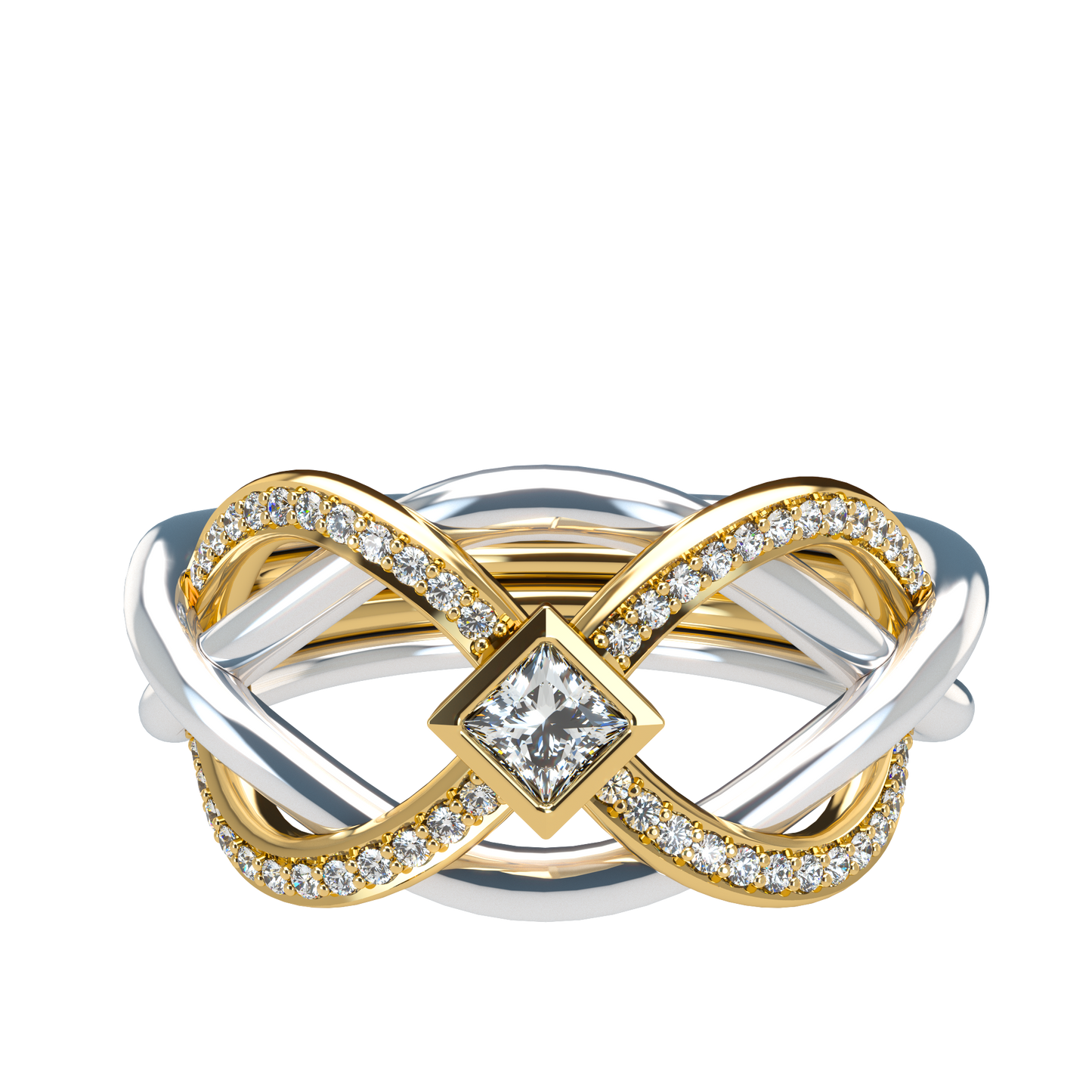 Puzzle ring with Half diamond Pavé and Princess cut diamond Bezel - ™ Joaillerie VCL