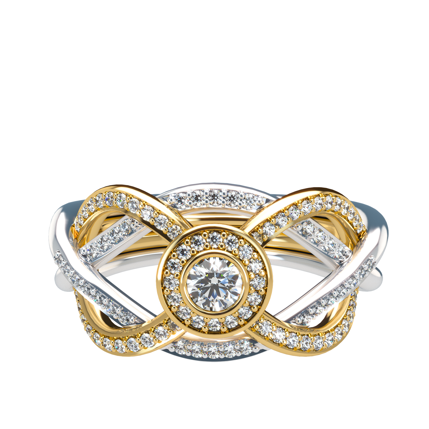 Puzzle ring with full diamond pavé with diamond halo - ™ Joaillerie VCL
