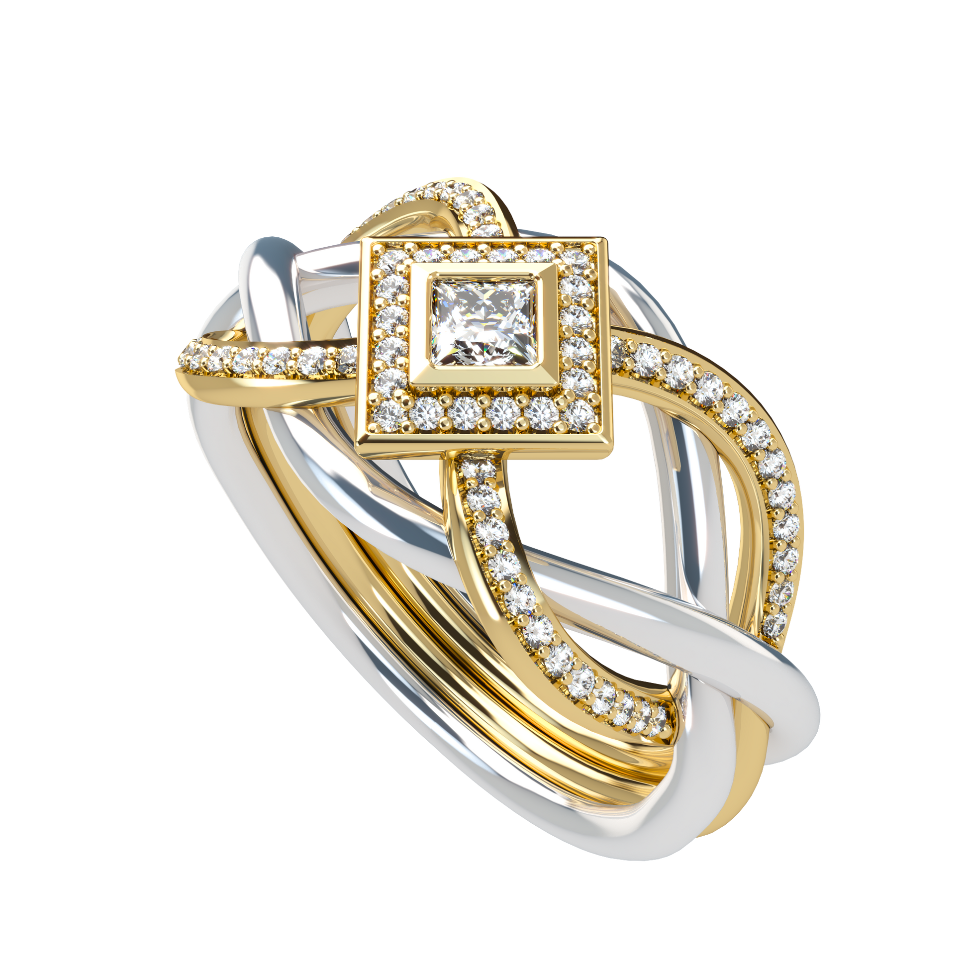 Puzzle ring with half diamond pavé and princess cut diamond halo setting - ™ Joaillerie VCL