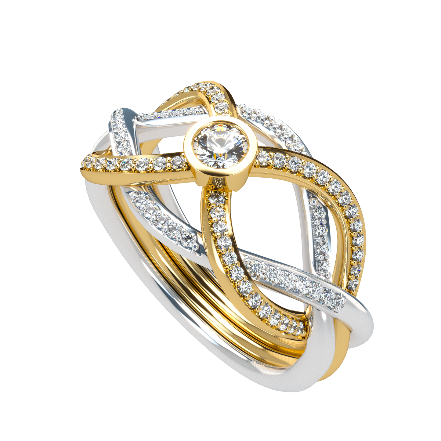 Puzzle ring with diamond pavé and round diamond bezel - ™ Joaillerie VCL