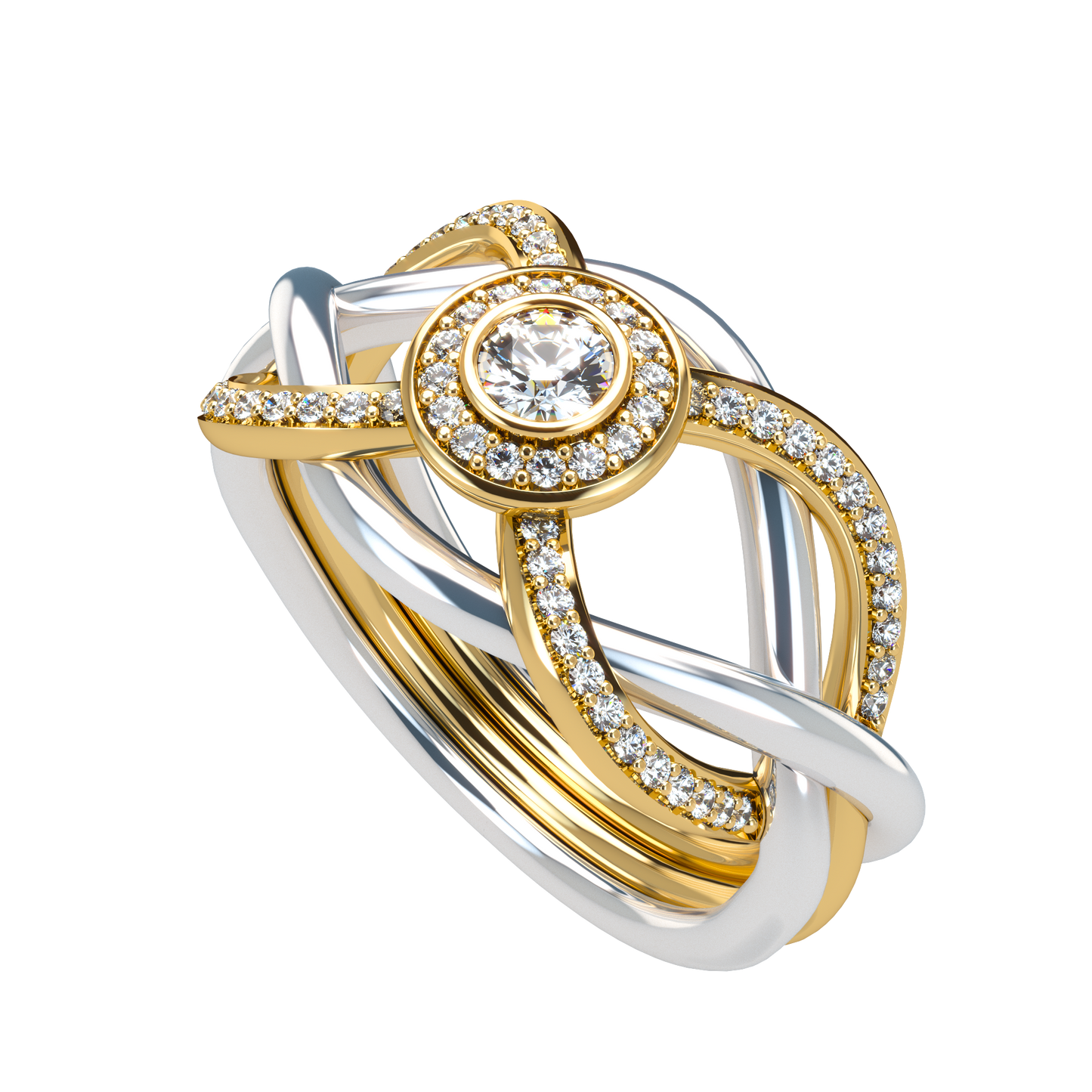 Puzzle ring half diamond pavé halo diamond setting - ™ Joaillerie VCL