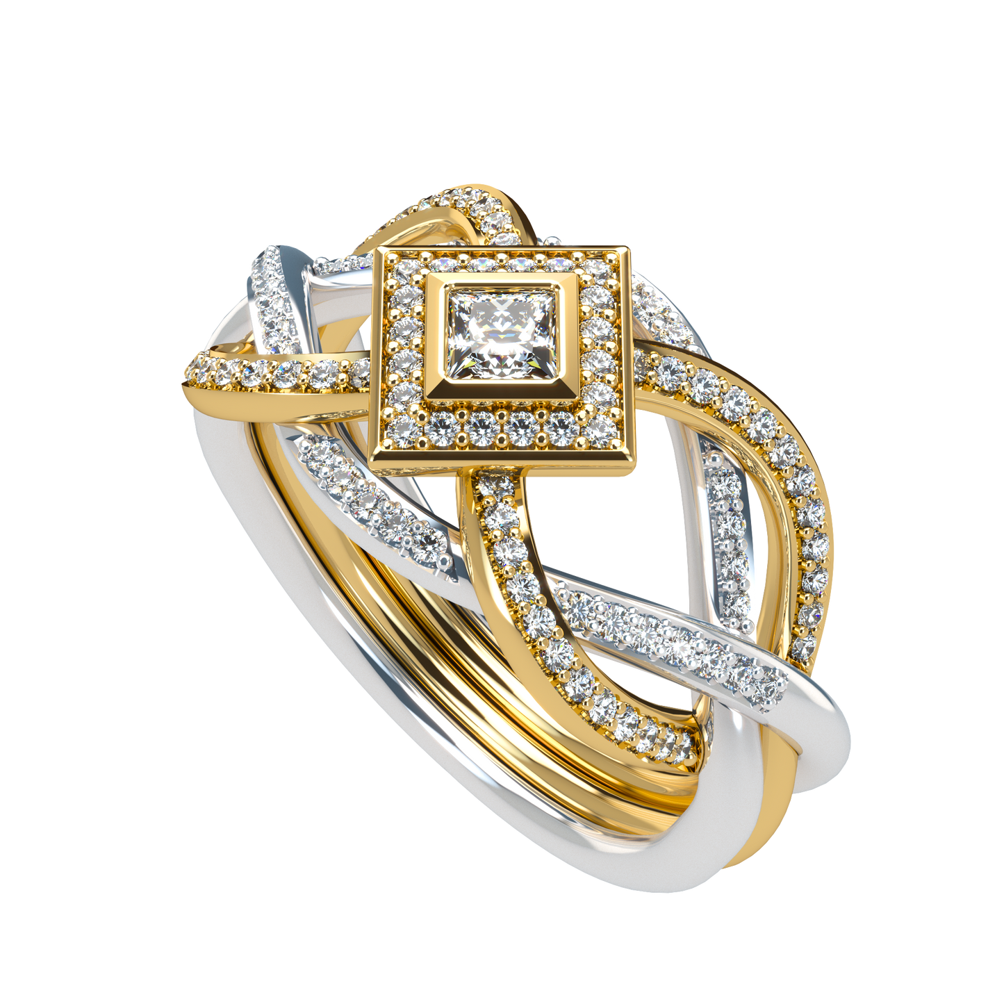 Puzzle ring with diamond pavé and Halo Princess cut diamond - ™ Joaillerie VCL