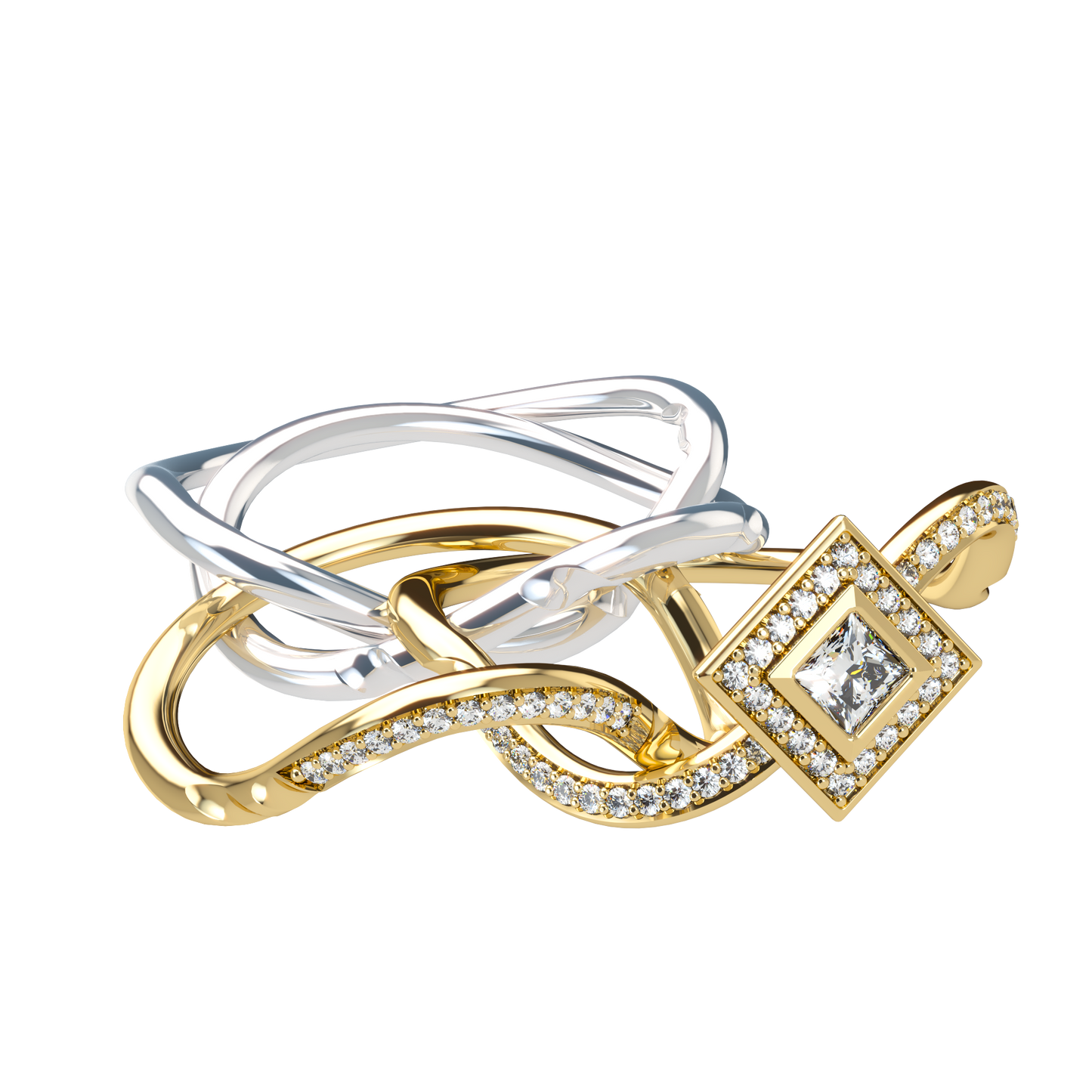Puzzle ring with half diamond pavé and princess cut diamond halo setting - ™ Joaillerie VCL
