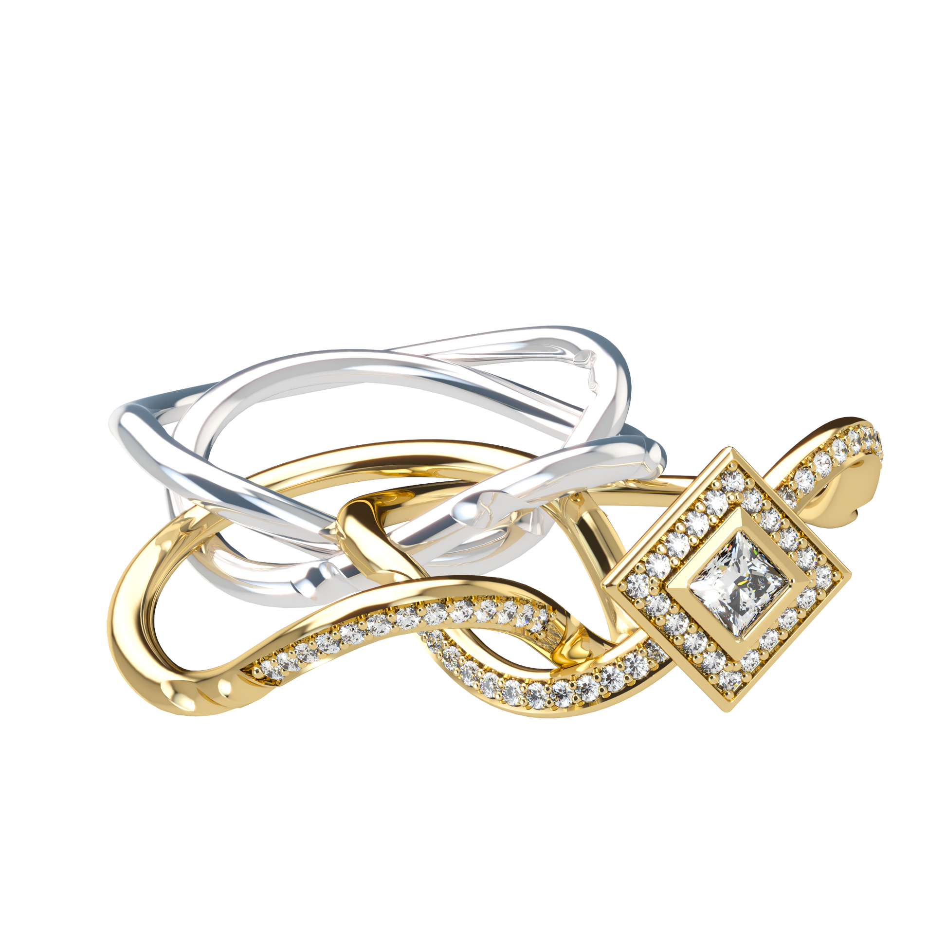 Puzzle ring with half diamond pavé and princess cut diamond halo setting - ™ Joaillerie VCL