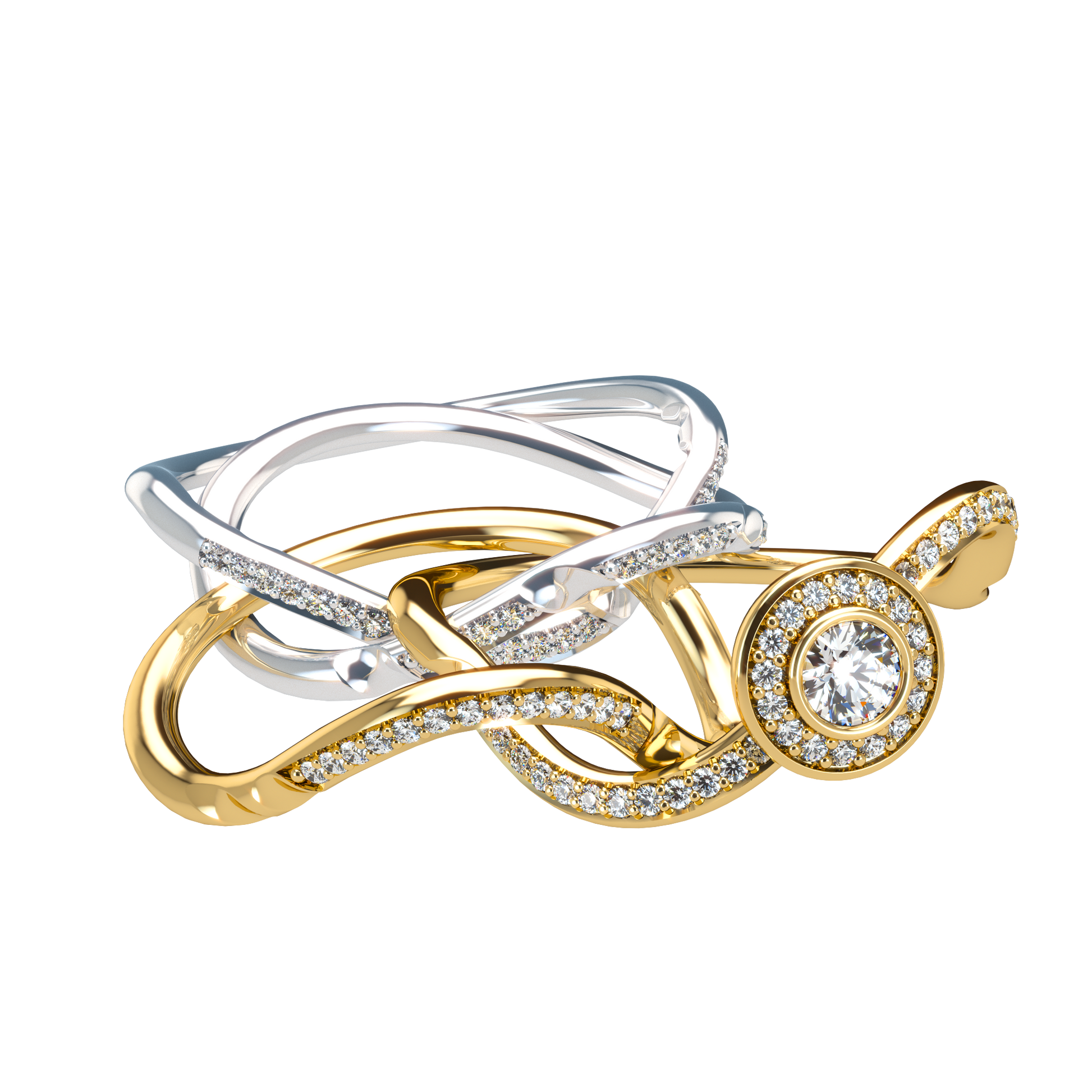 Puzzle ring with full diamond pavé with diamond halo - ™ Joaillerie VCL