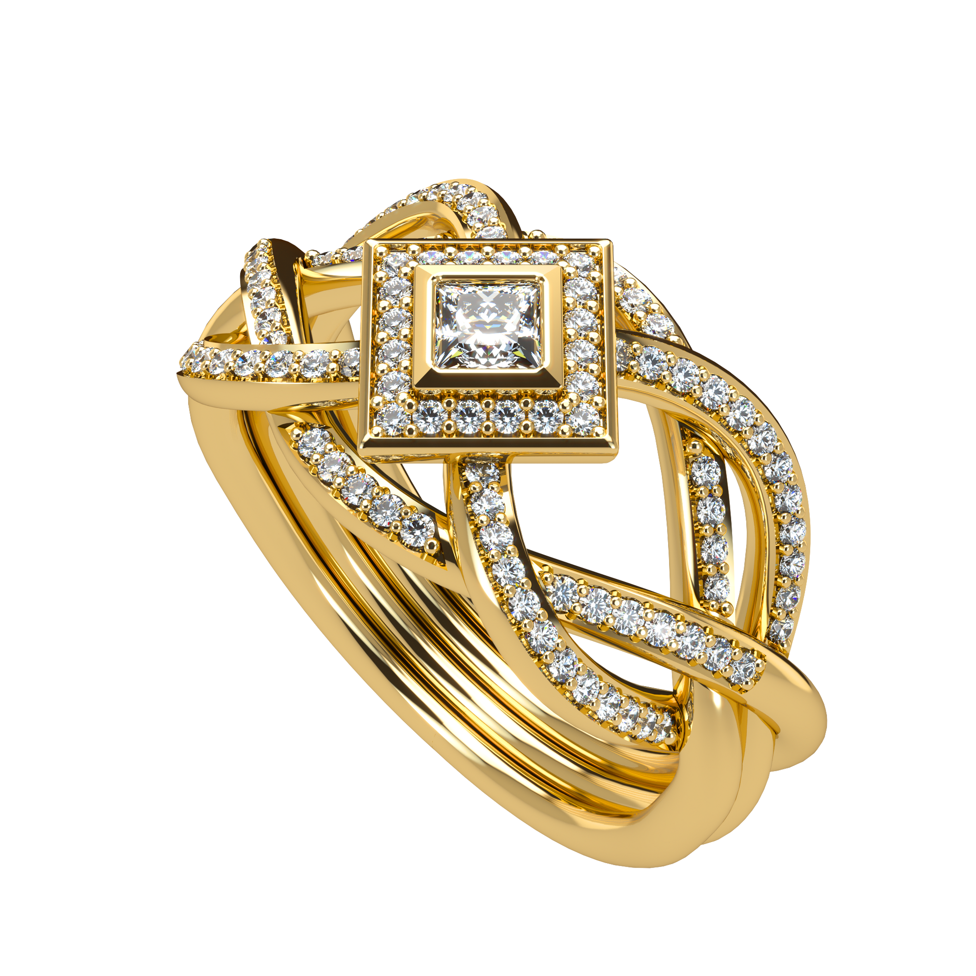 Puzzle ring with diamond pavé and Halo Princess cut diamond - ™ Joaillerie VCL