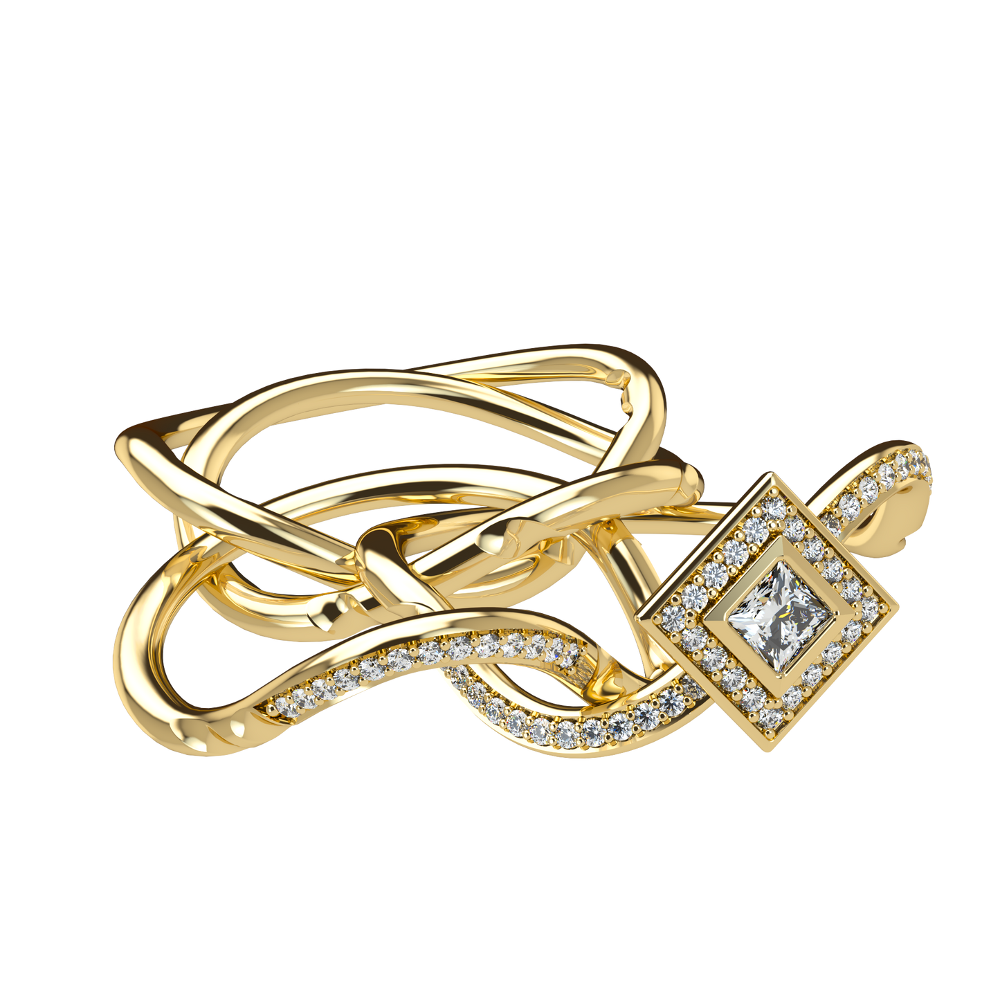 Puzzle ring with half diamond pavé and princess cut diamond halo setting - ™ Joaillerie VCL