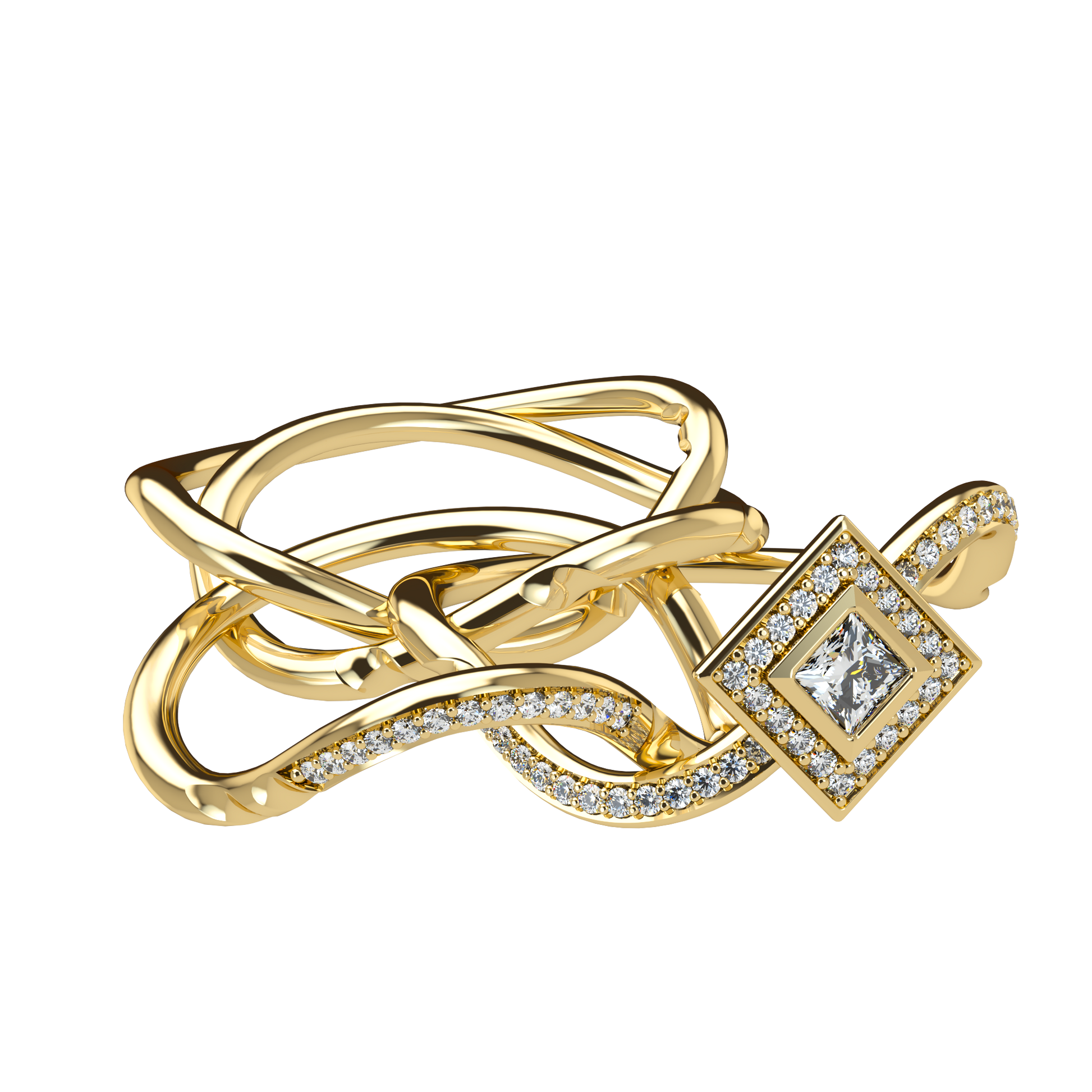 Puzzle ring with half diamond pavé and princess cut diamond halo setting - ™ Joaillerie VCL