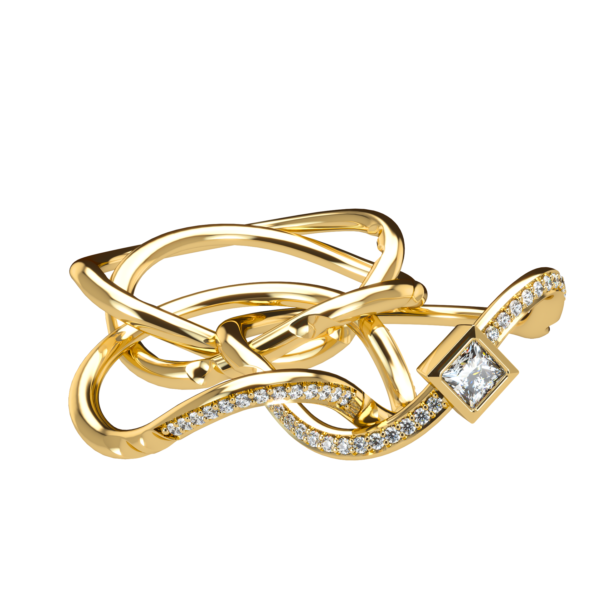 Puzzle ring with Half diamond Pavé and Princess cut diamond Bezel - ™ Joaillerie VCL